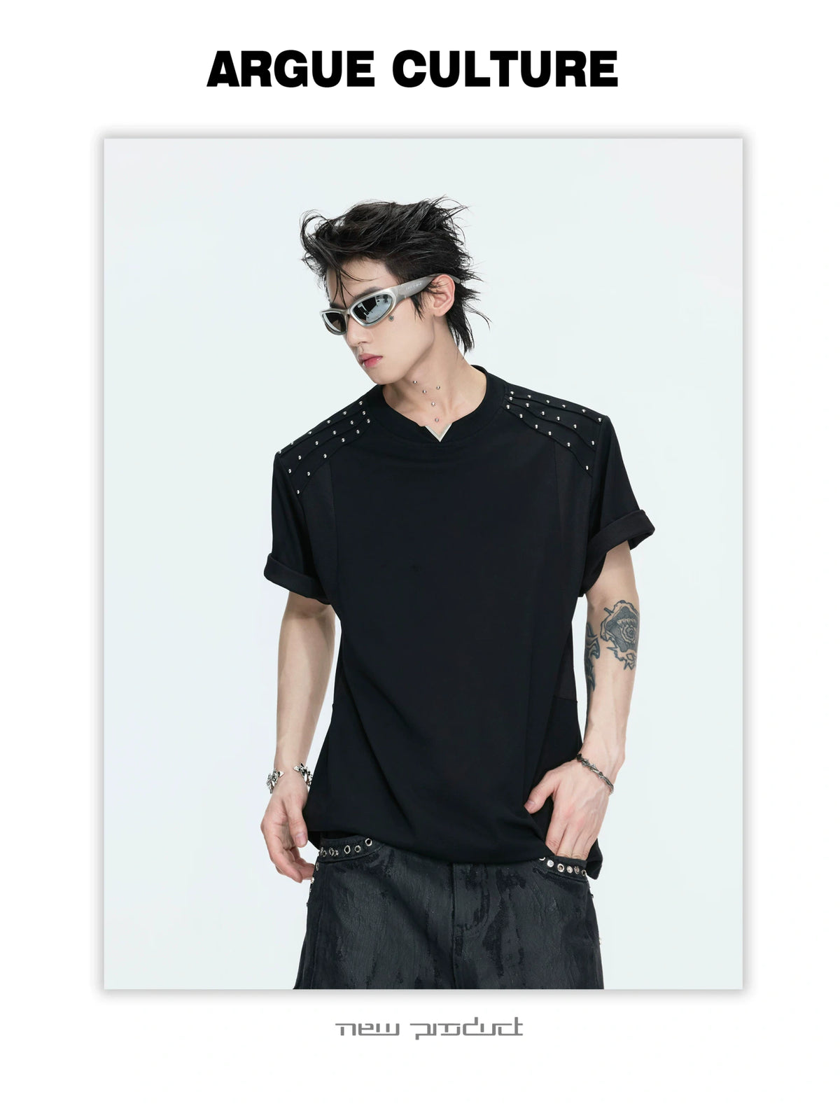 Boxy Black V-Neck Rivet T-Shirt with Mesh Lining - description image 8