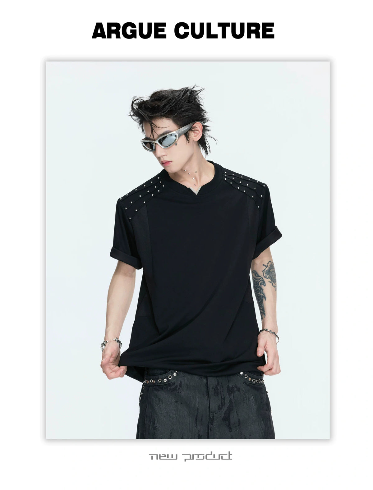 Boxy Black V-Neck Rivet T-Shirt with Mesh Lining - description image 9