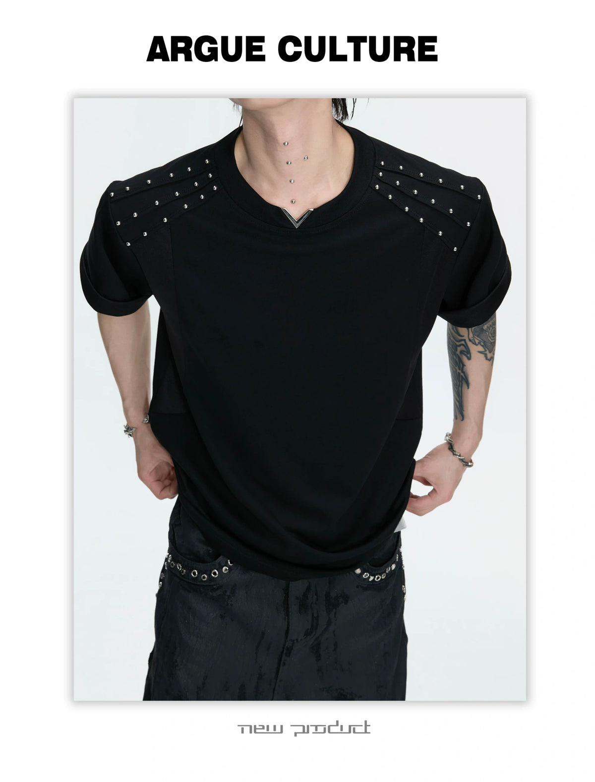 Boxy Black V-Neck Rivet T-Shirt with Mesh Lining - description image 10