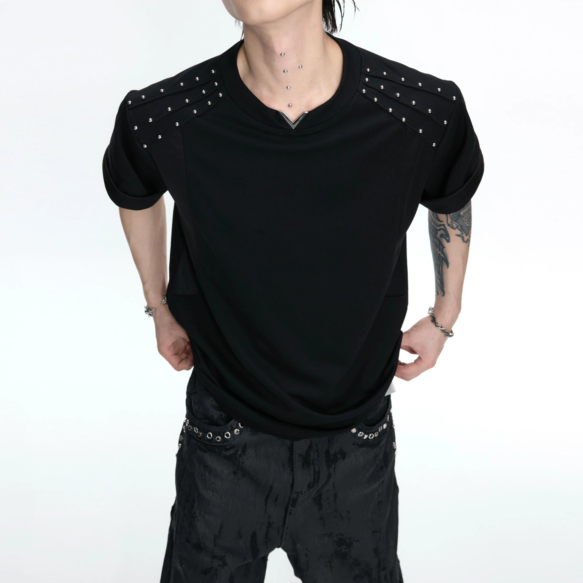 Boxy Black V-Neck Rivet T-Shirt with Mesh Lining - main image 1