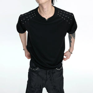 Boxy Black V-Neck Rivet T-Shirt with Mesh Lining - main image 1