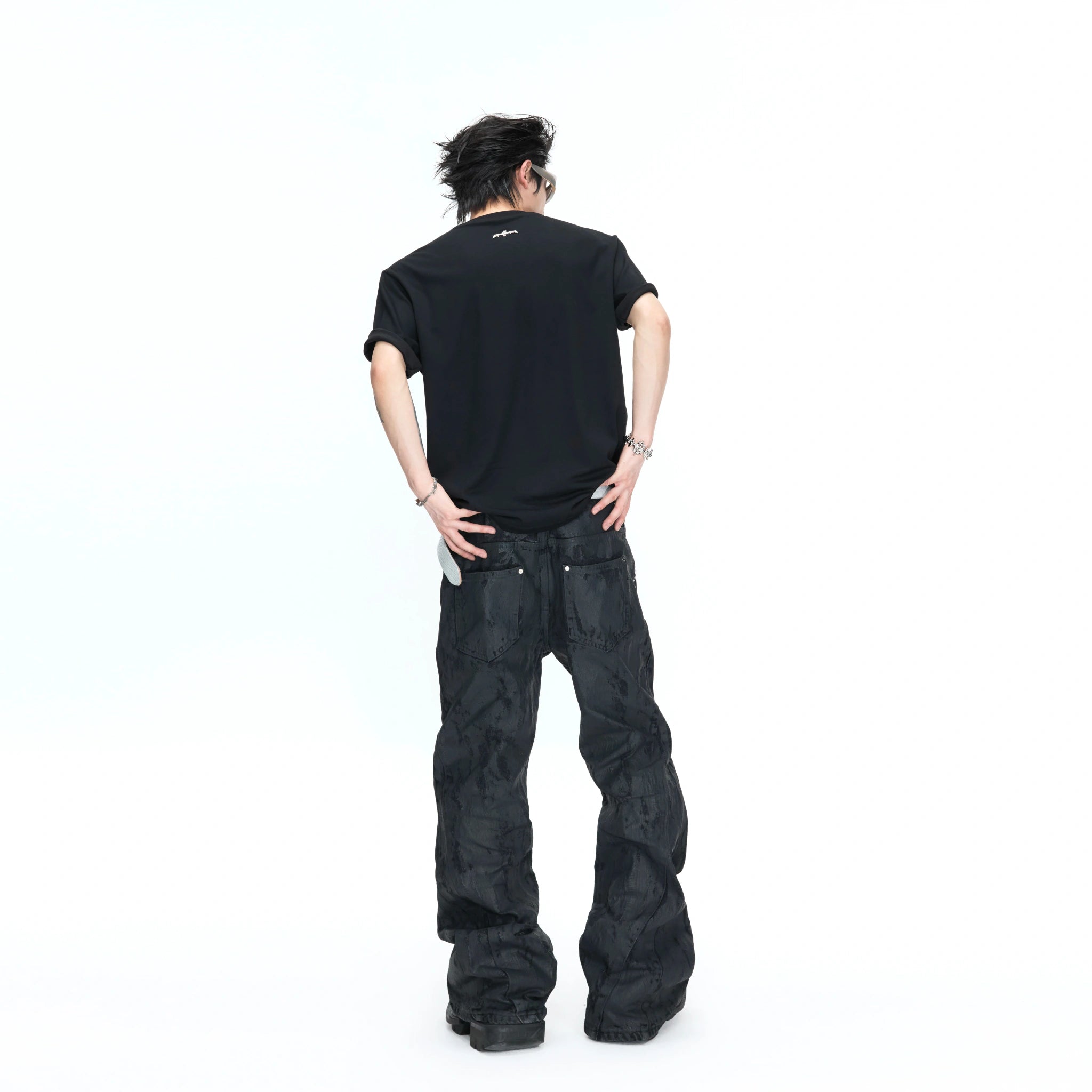 Boxy Black V-Neck Rivet T-Shirt with Mesh Lining - main image 3