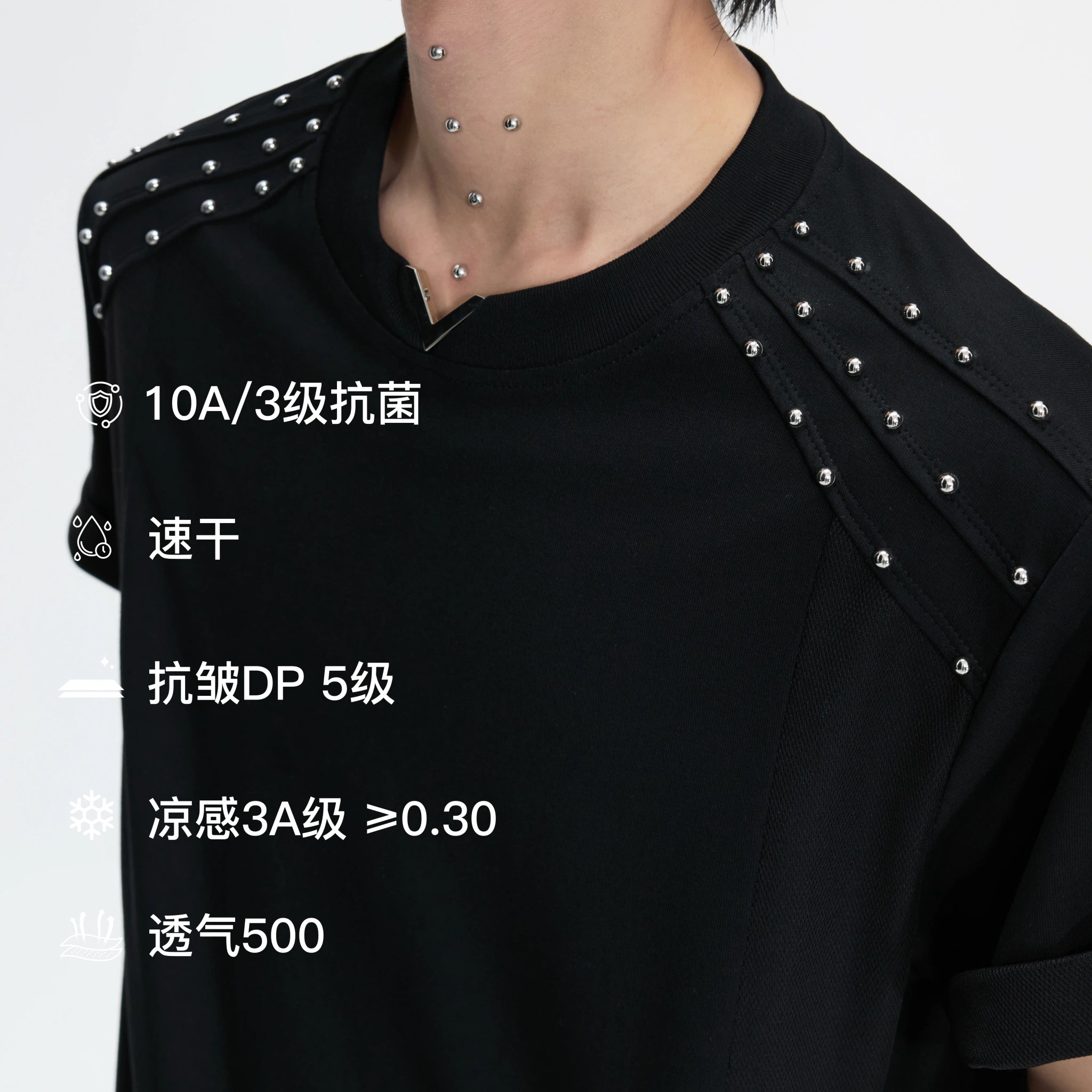 Boxy Black V-Neck Rivet T-Shirt with Mesh Lining - main image 4