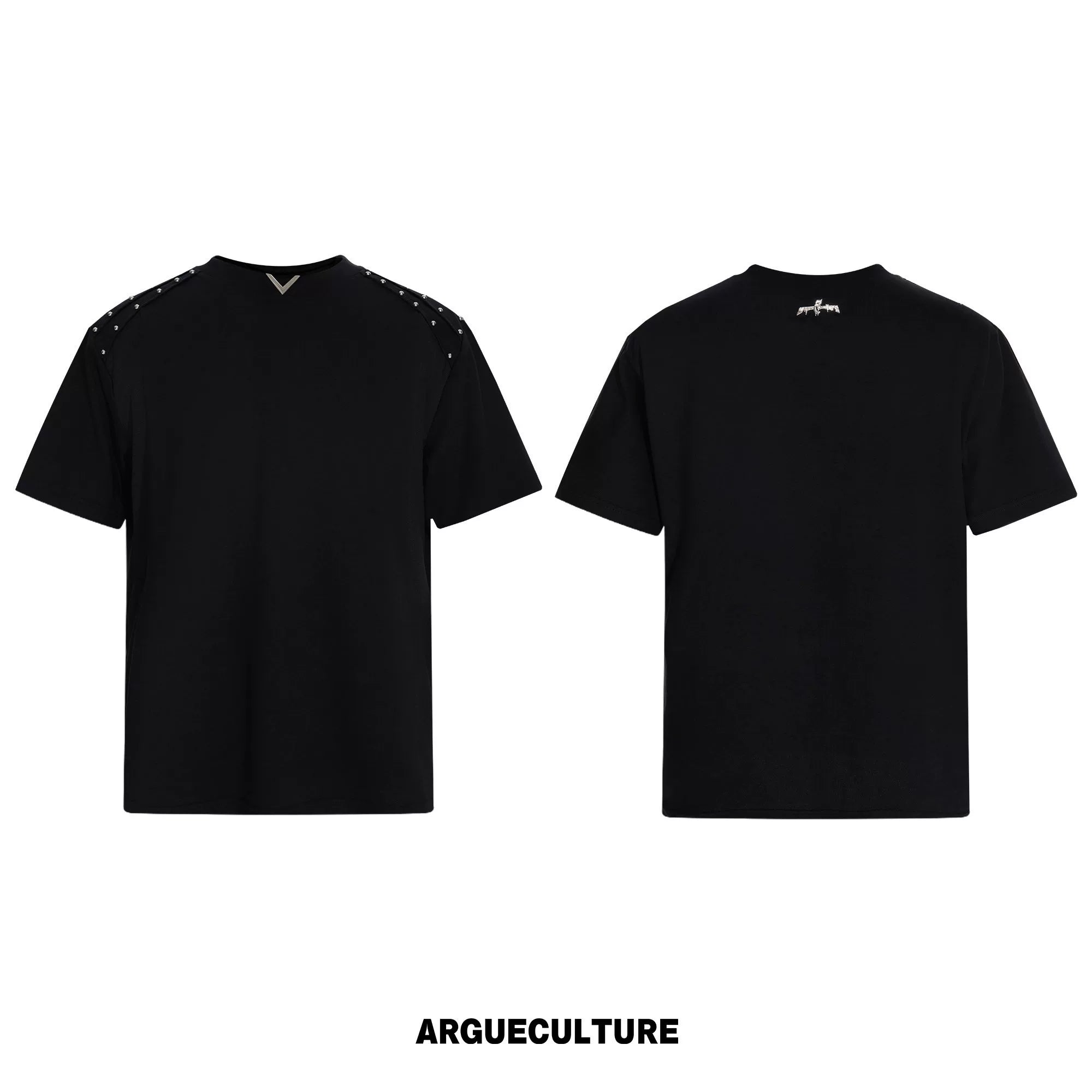 Boxy Black V-Neck Rivet T-Shirt with Mesh Lining - Black Top