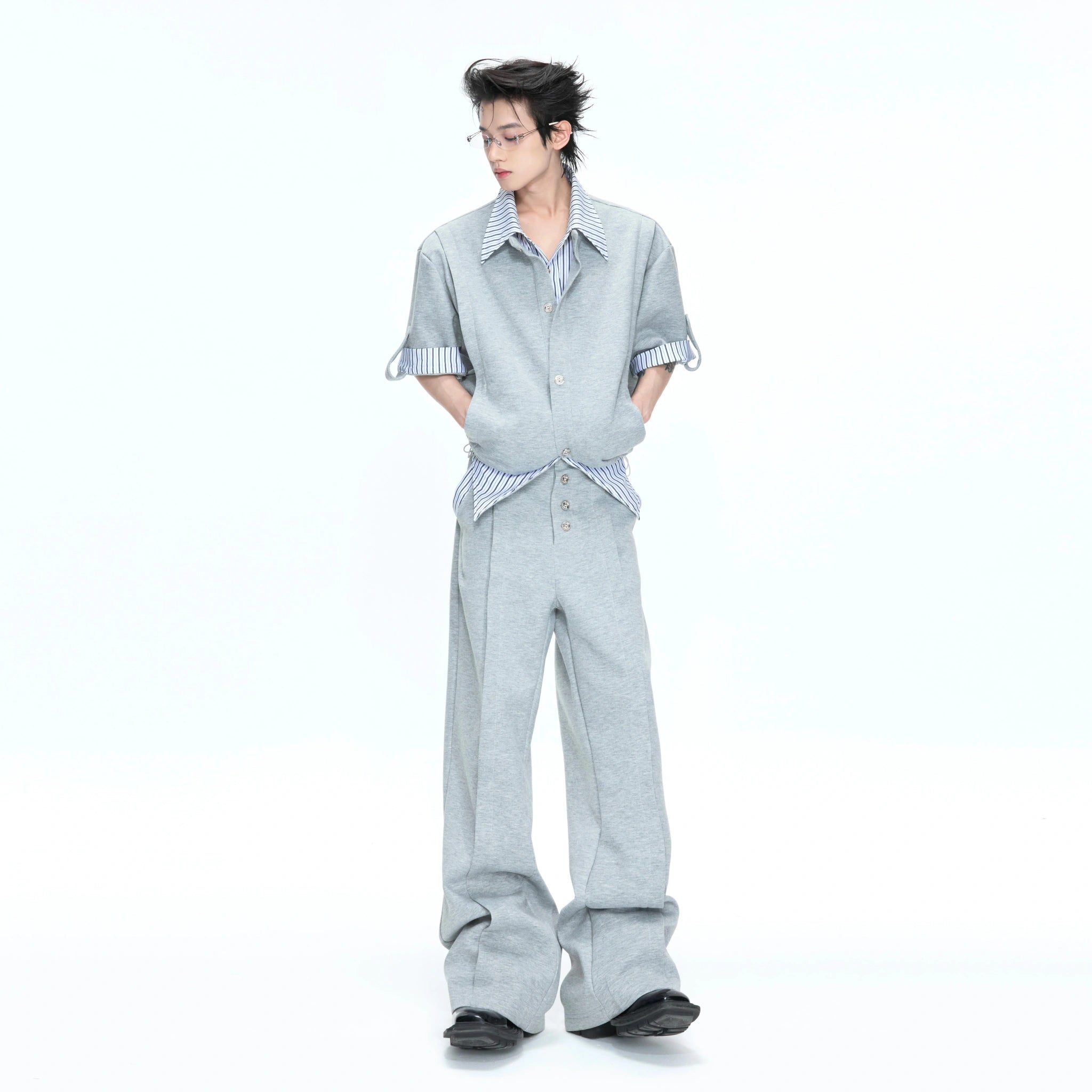 Mock-Layer Striped Polo Top and Pants Streetwear Set - main image 1