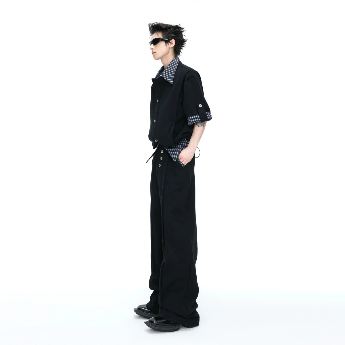 Mock-Layer Striped Polo Top and Pants Streetwear Set - main image 2
