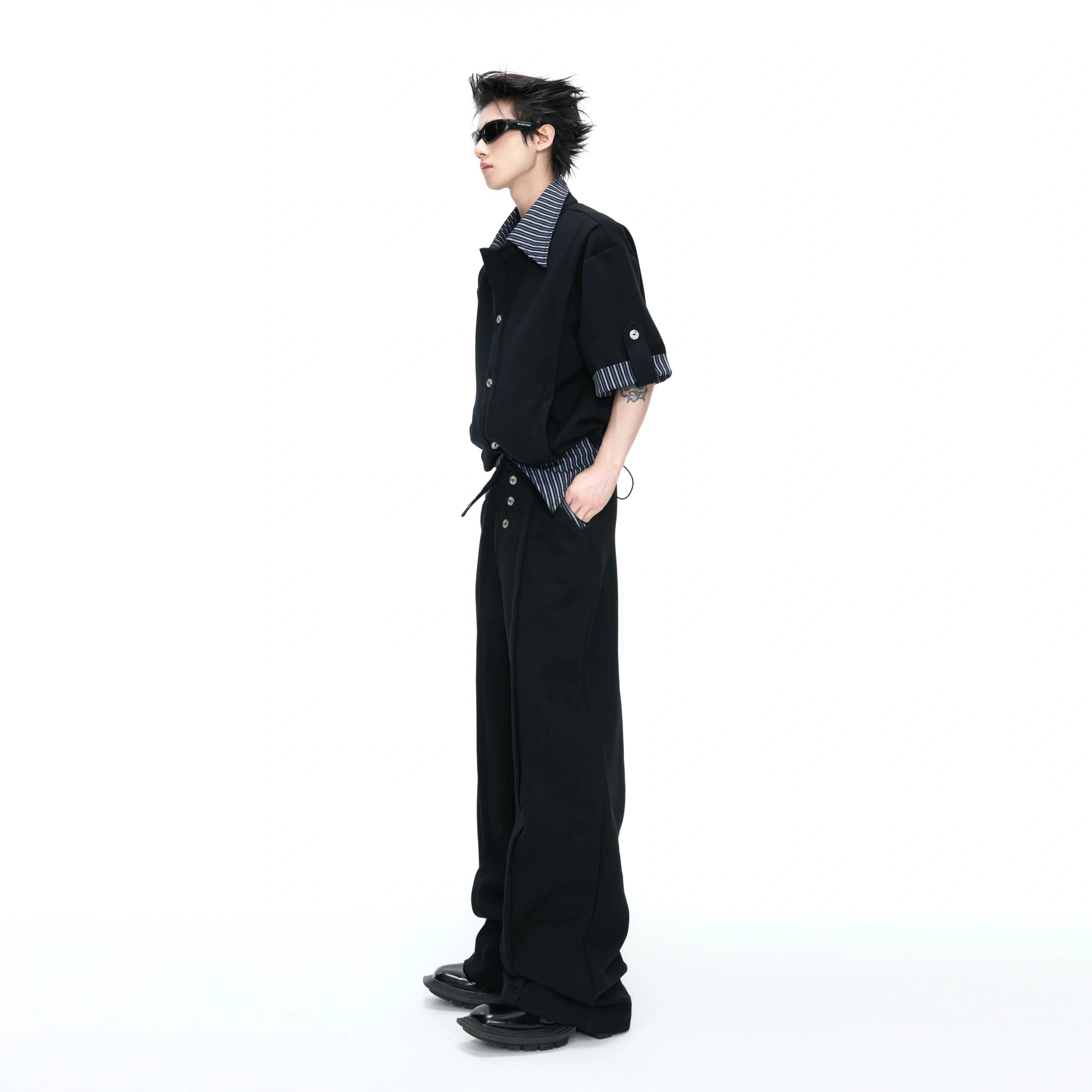 Mock-Layer Striped Polo Top and Pants Streetwear Set - main image 2