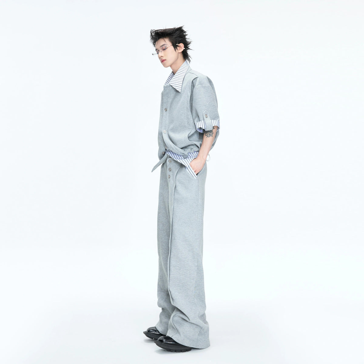 Mock-Layer Striped Polo Top and Pants Streetwear Set - main image 3