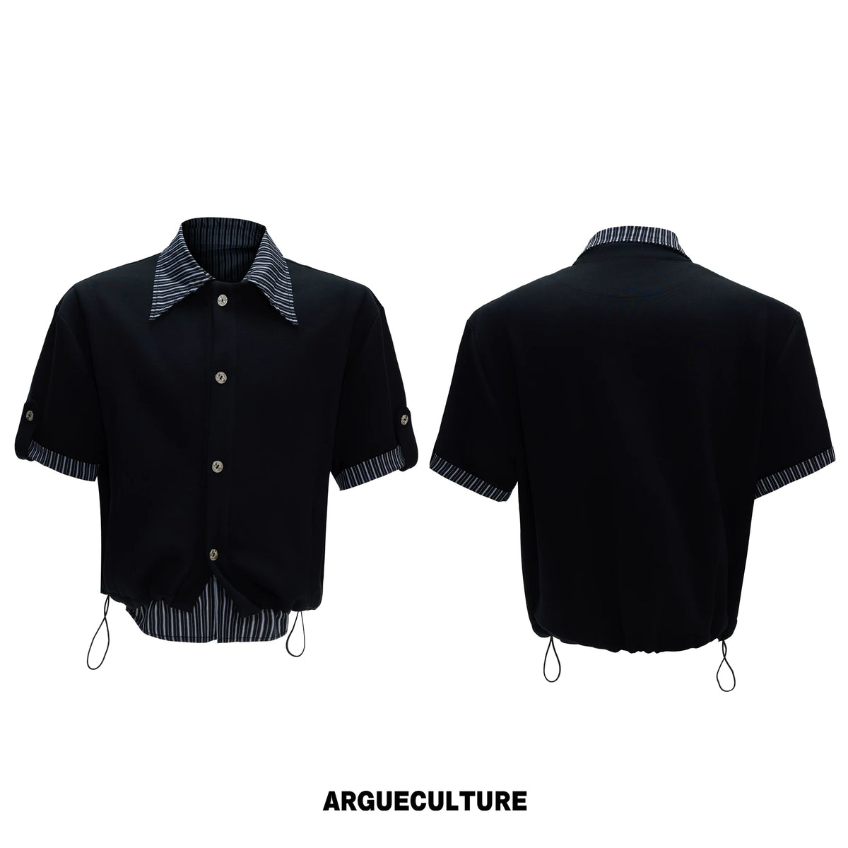 Mock-Layer Striped Polo Top and Pants Streetwear Set - Xiqiang Black Top