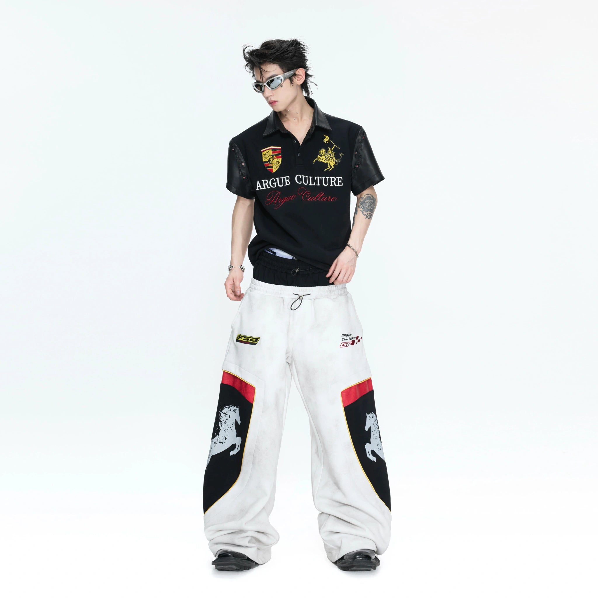 Racing Color-Block Straight-Leg Pants | Washed Cotton - main image 2