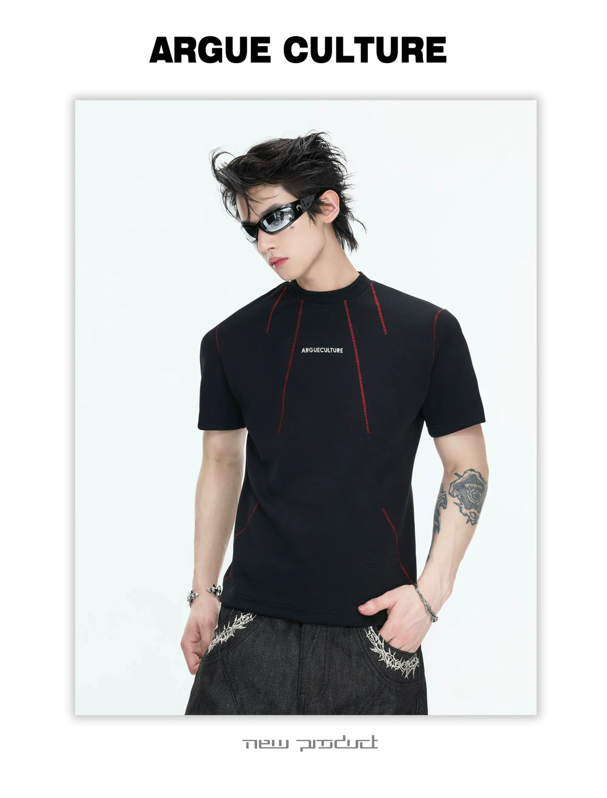 Contrast-Stitch Structural Cotton Blend T-Shirt - description image 3
