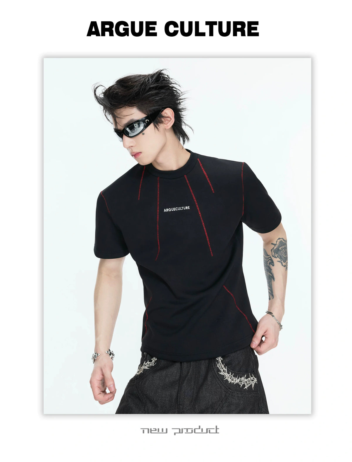 Contrast-Stitch Structural Cotton Blend T-Shirt - description image 4