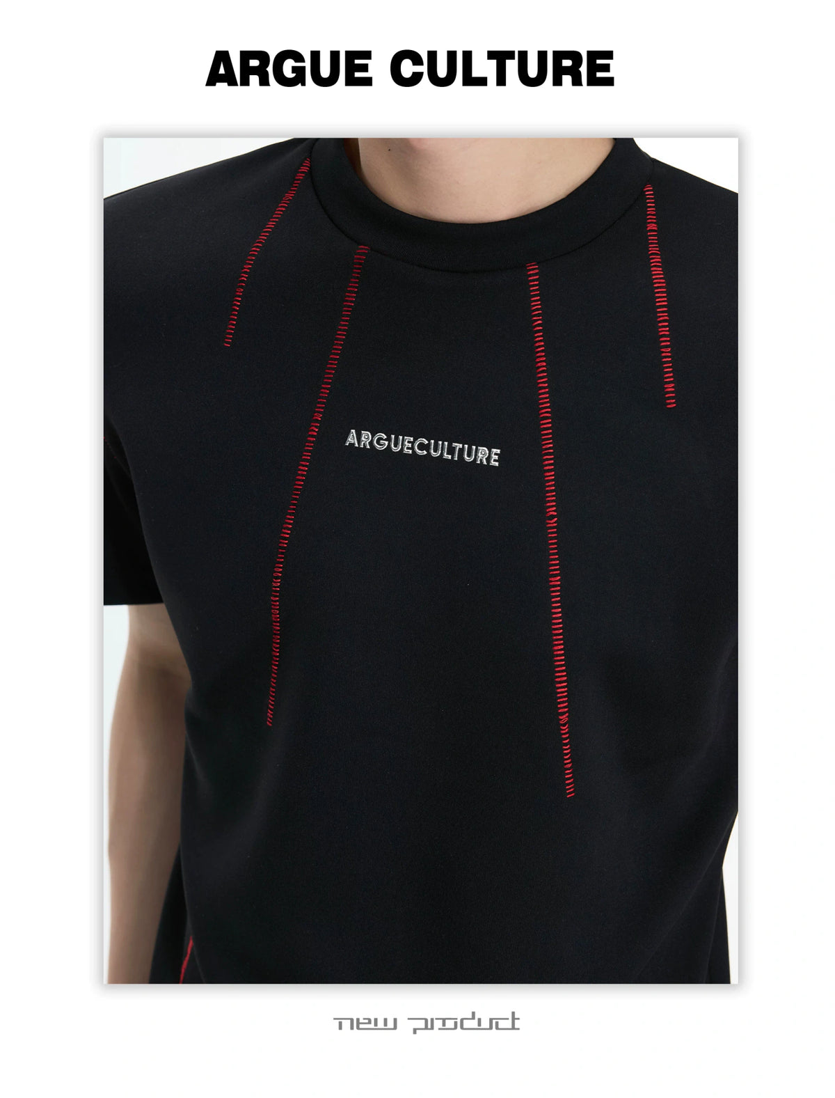 Contrast-Stitch Structural Cotton Blend T-Shirt - description image 5