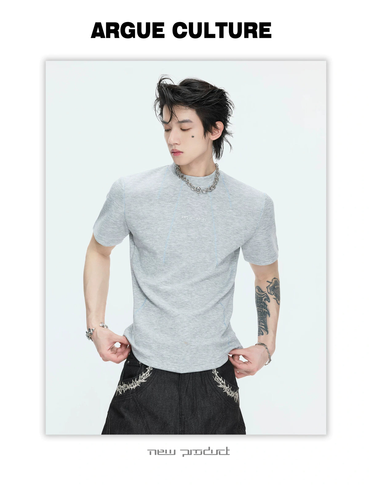 Contrast-Stitch Structural Cotton Blend T-Shirt - description image 6