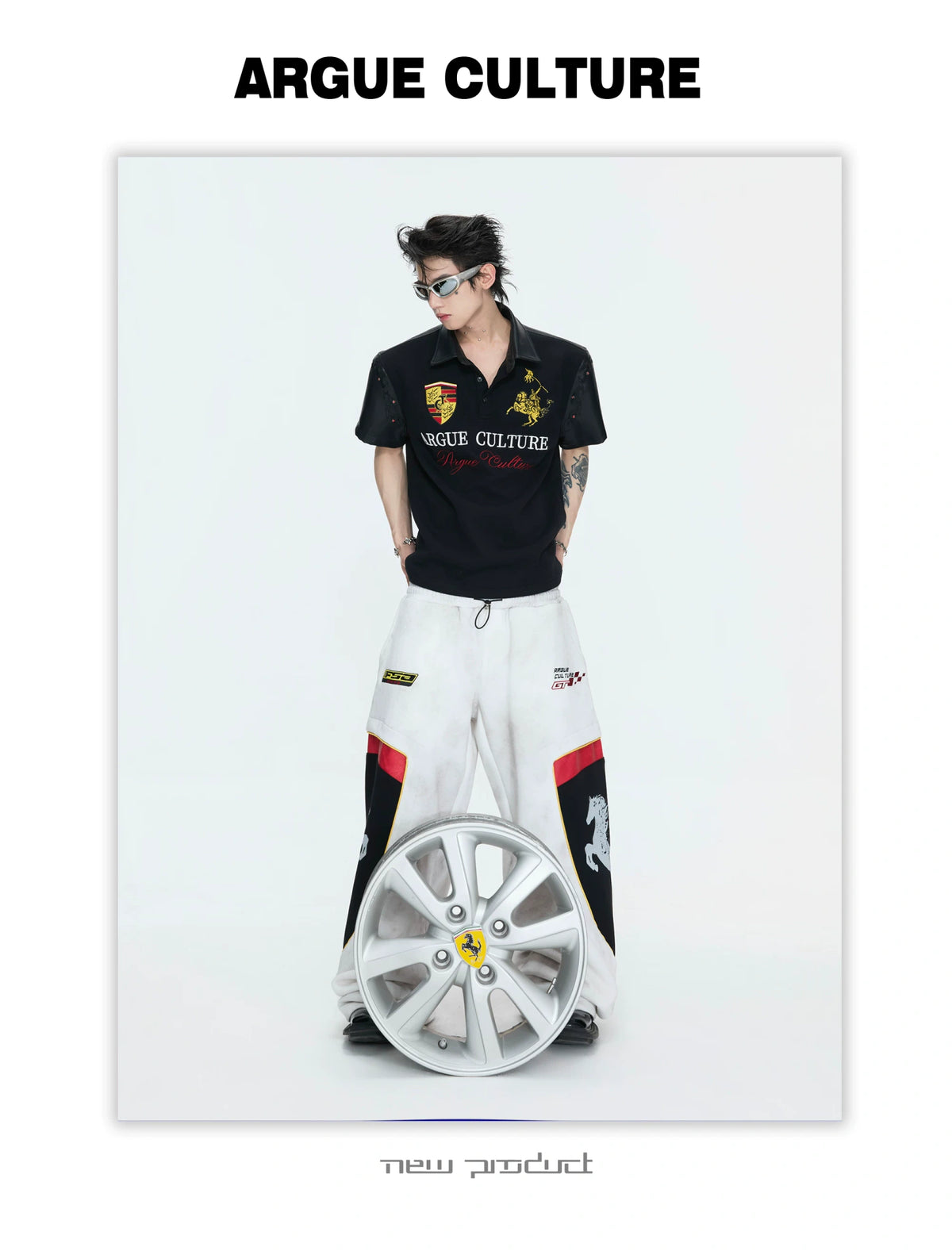 Black Embroidered Faux-Leather Panel Polo Shirt - description image 4