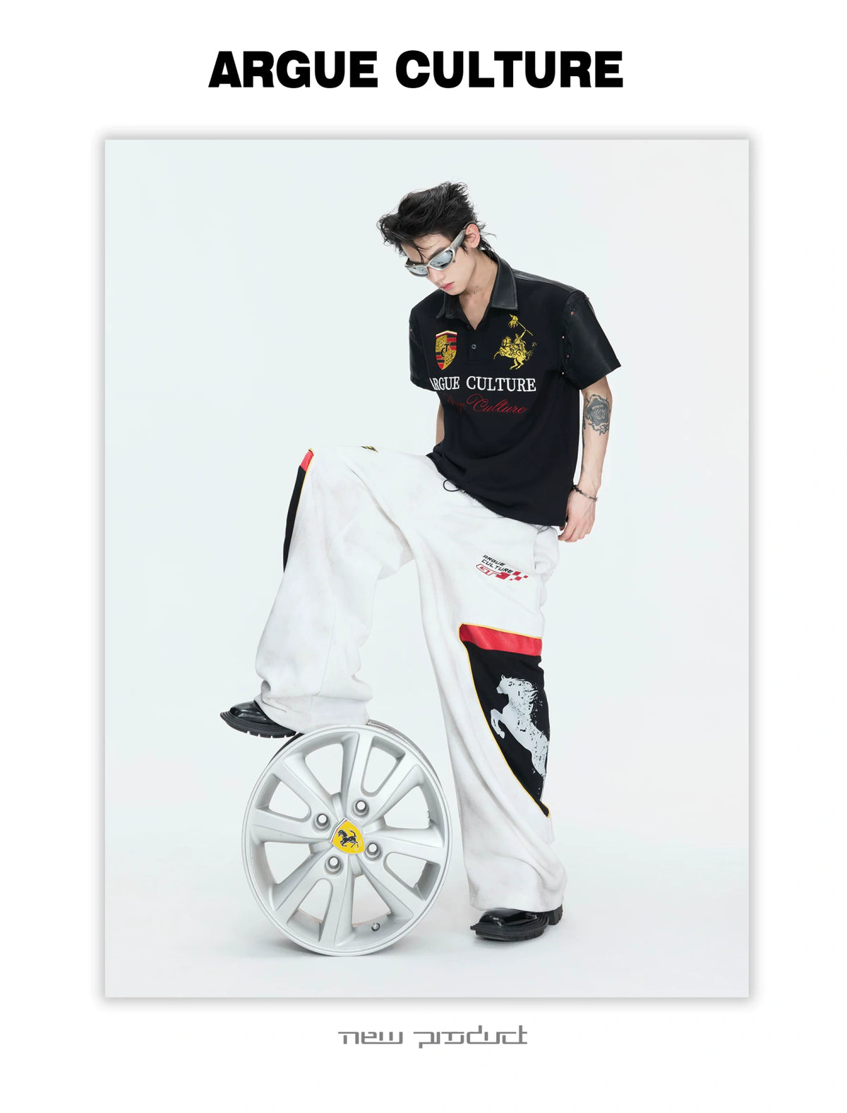 Black Embroidered Faux-Leather Panel Polo Shirt - description image 5