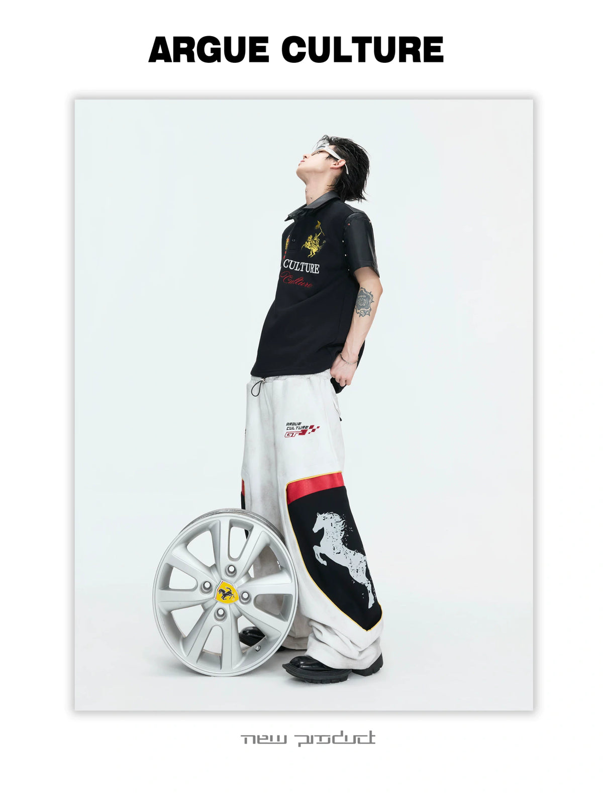 Black Embroidered Faux-Leather Panel Polo Shirt - description image 6