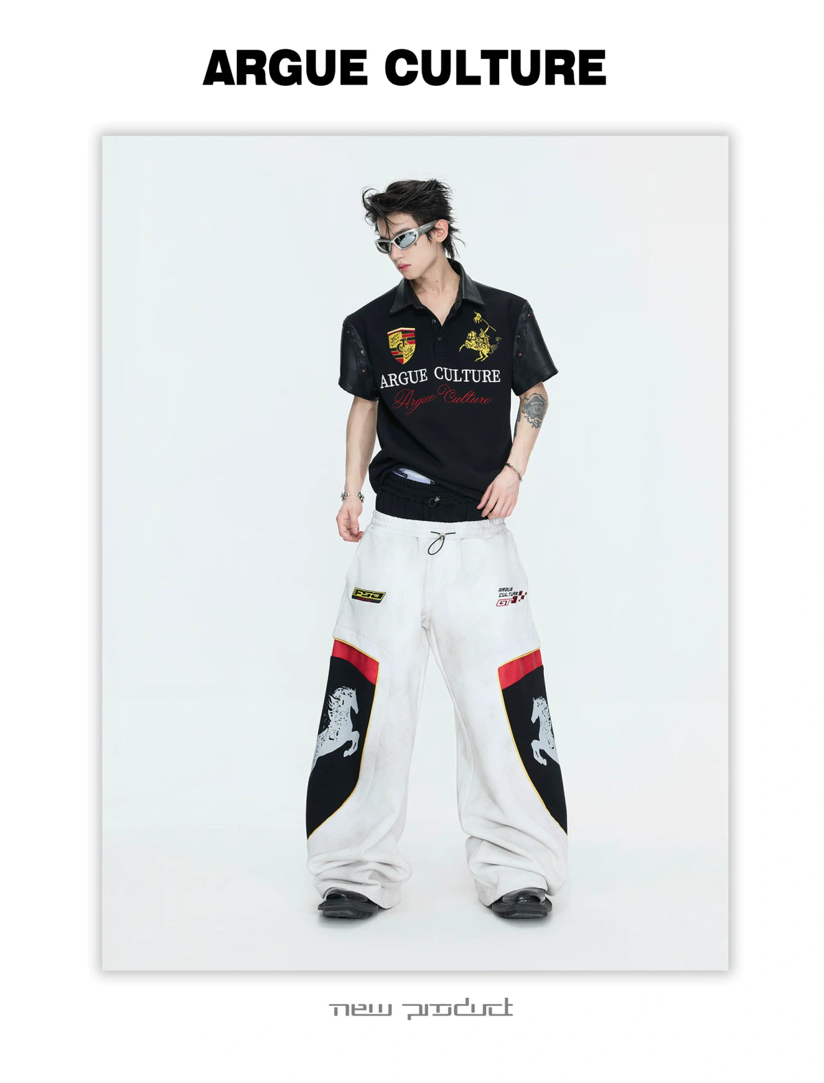 Black Embroidered Faux-Leather Panel Polo Shirt - description image 7