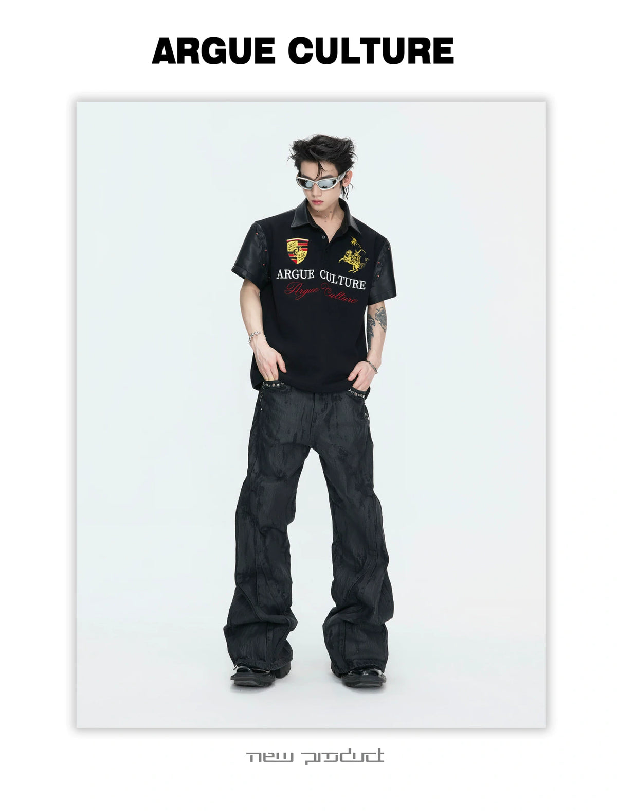 Black Embroidered Faux-Leather Panel Polo Shirt - description image 9