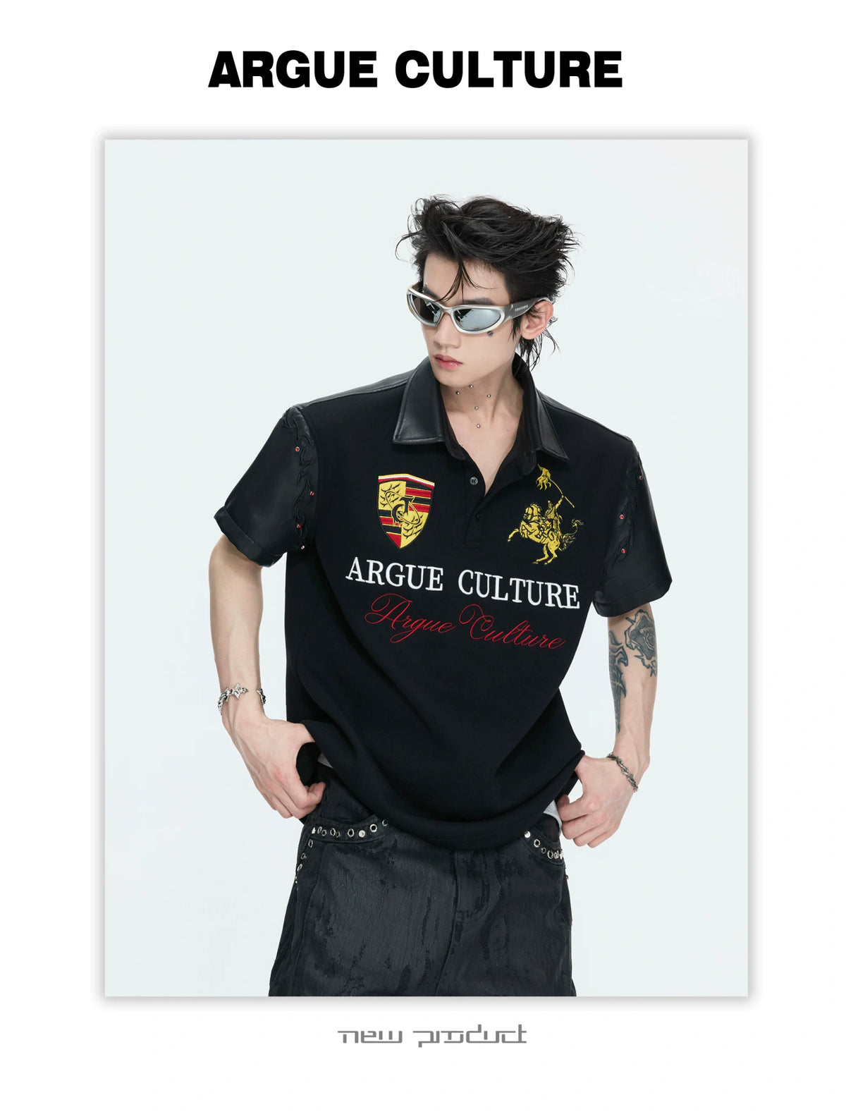 Black Embroidered Faux-Leather Panel Polo Shirt - description image 10
