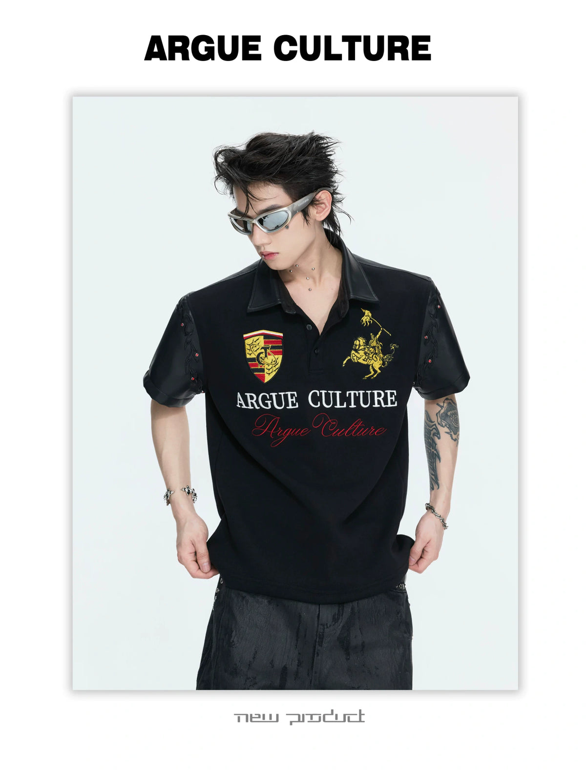 Black Embroidered Faux-Leather Panel Polo Shirt - description image 11