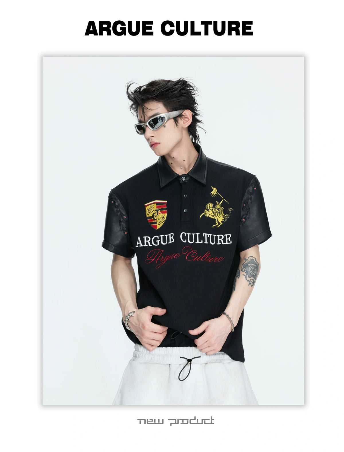 Black Embroidered Faux-Leather Panel Polo Shirt - description image 12