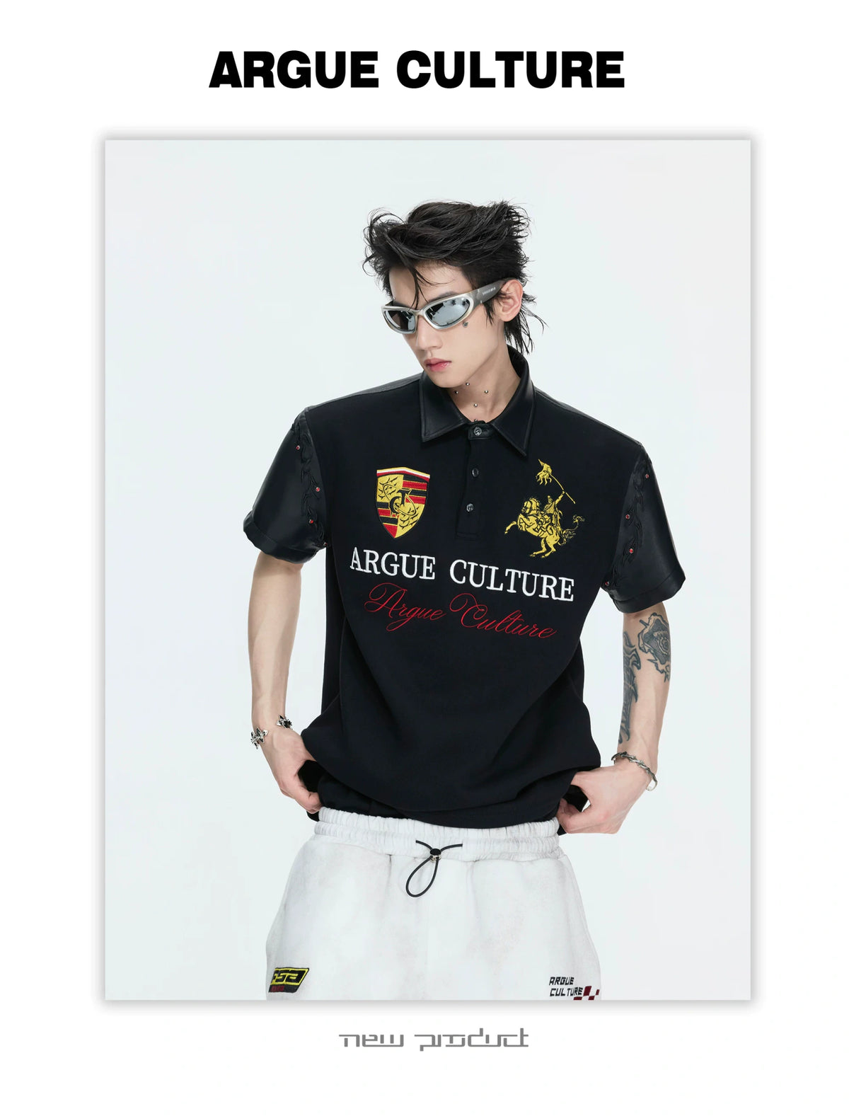 Black Embroidered Faux-Leather Panel Polo Shirt - description image 13