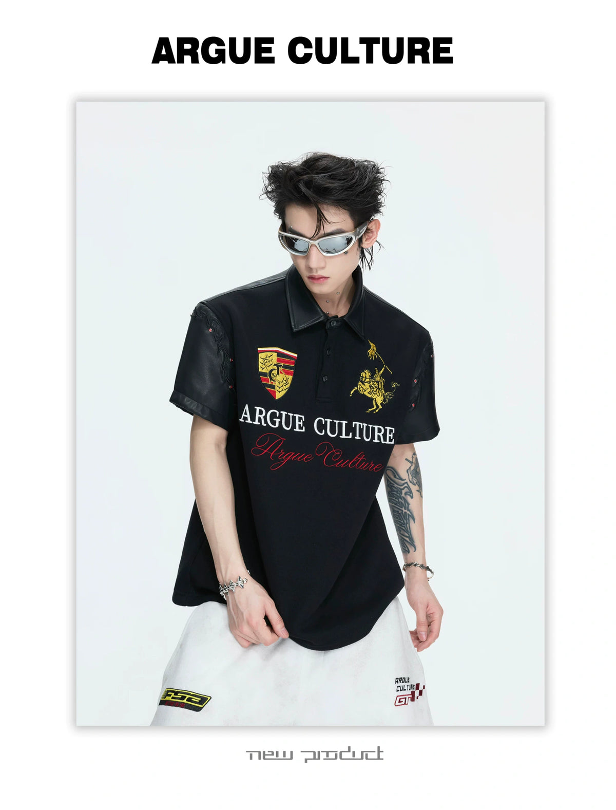 Black Embroidered Faux-Leather Panel Polo Shirt - description image 14