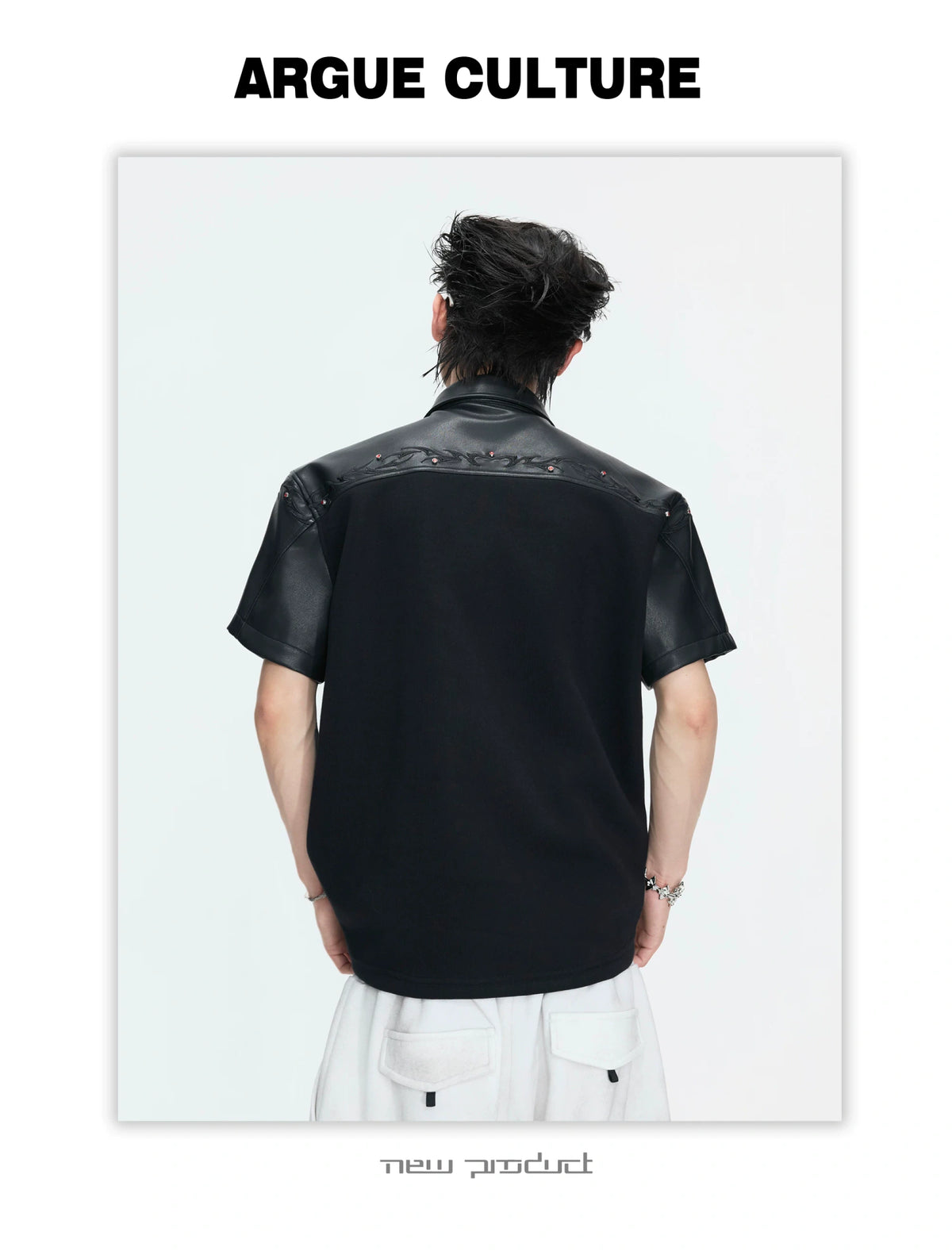 Black Embroidered Faux-Leather Panel Polo Shirt - description image 15
