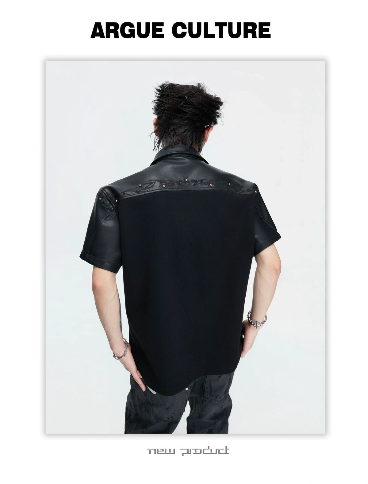 Black Embroidered Faux-Leather Panel Polo Shirt - description image 16