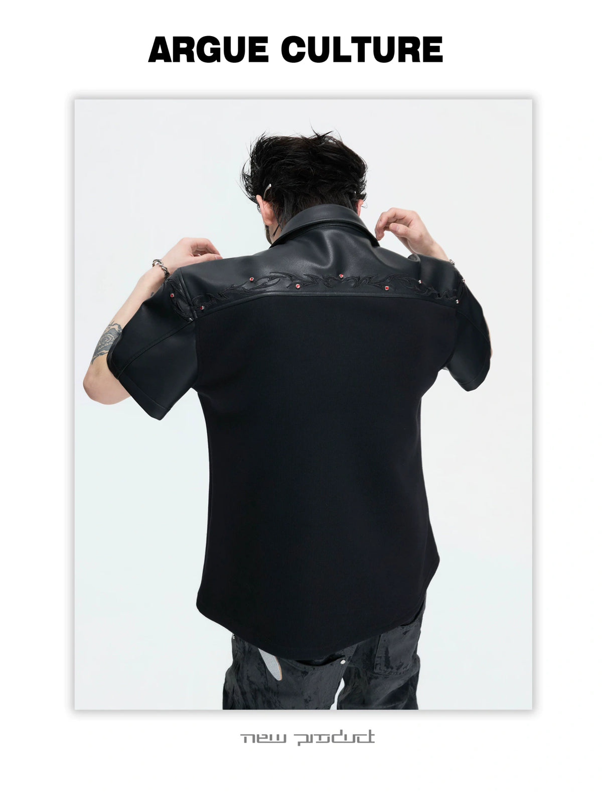 Black Embroidered Faux-Leather Panel Polo Shirt - description image 17