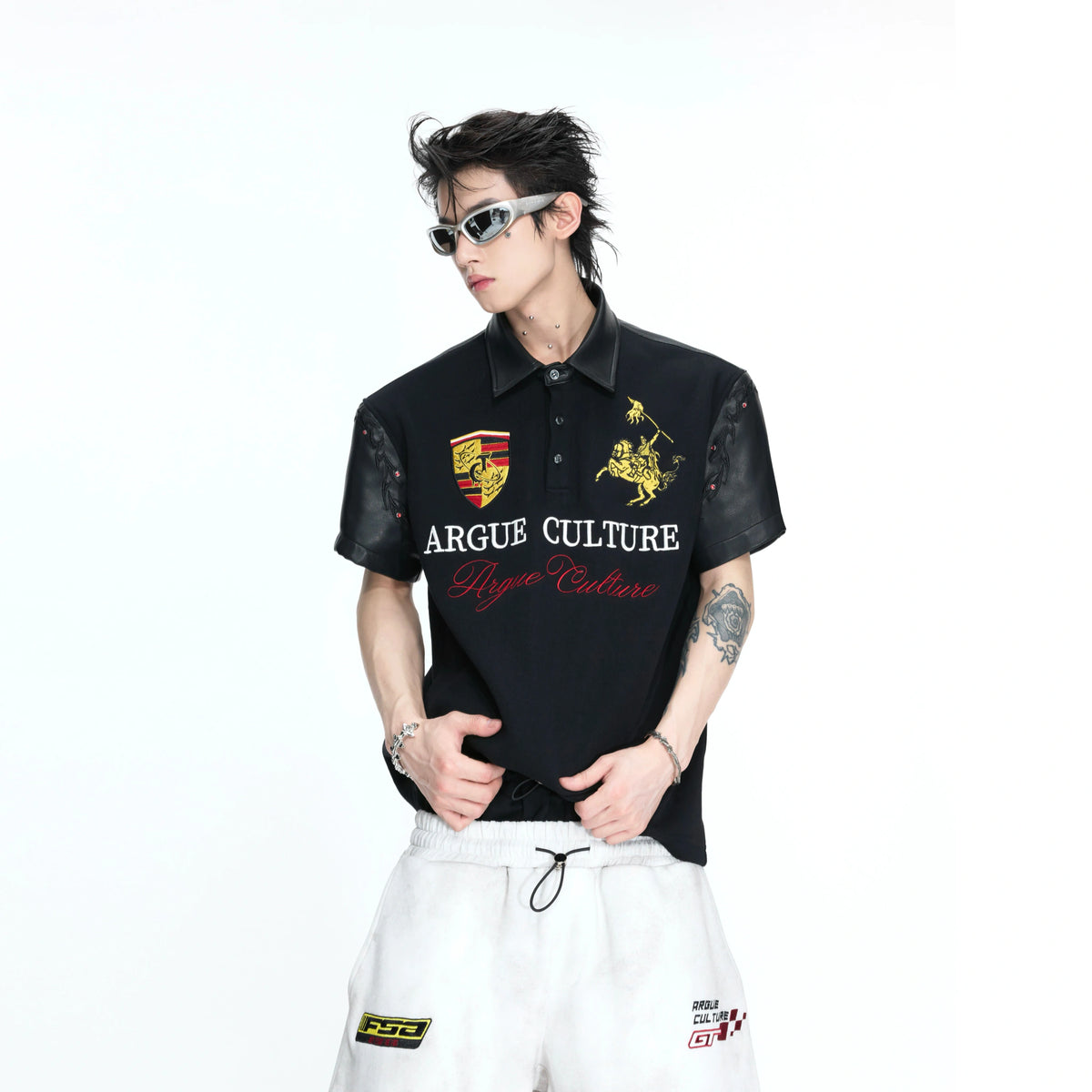 Black Embroidered Faux-Leather Panel Polo Shirt - main image 1