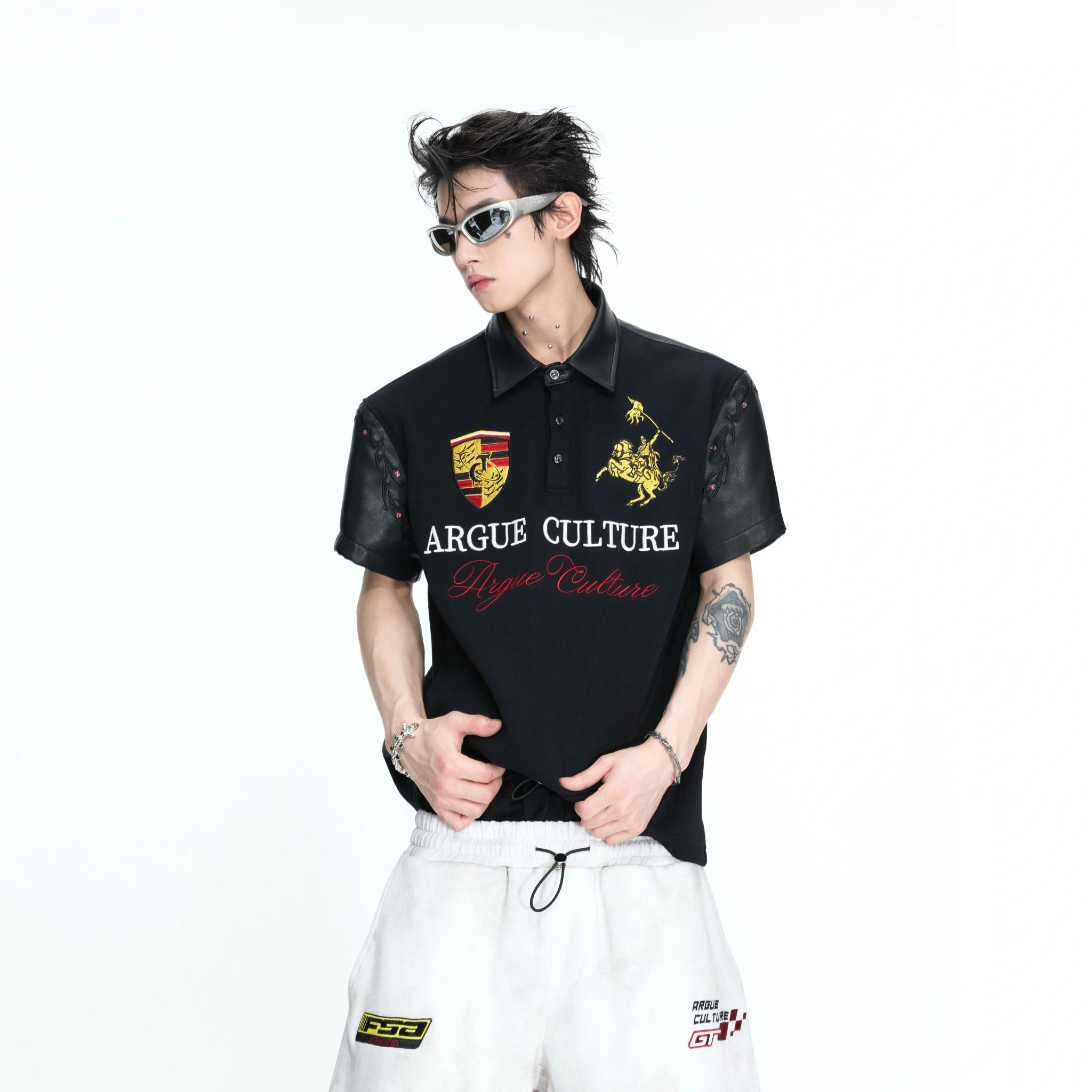 Black Embroidered Faux-Leather Panel Polo Shirt - main image 1