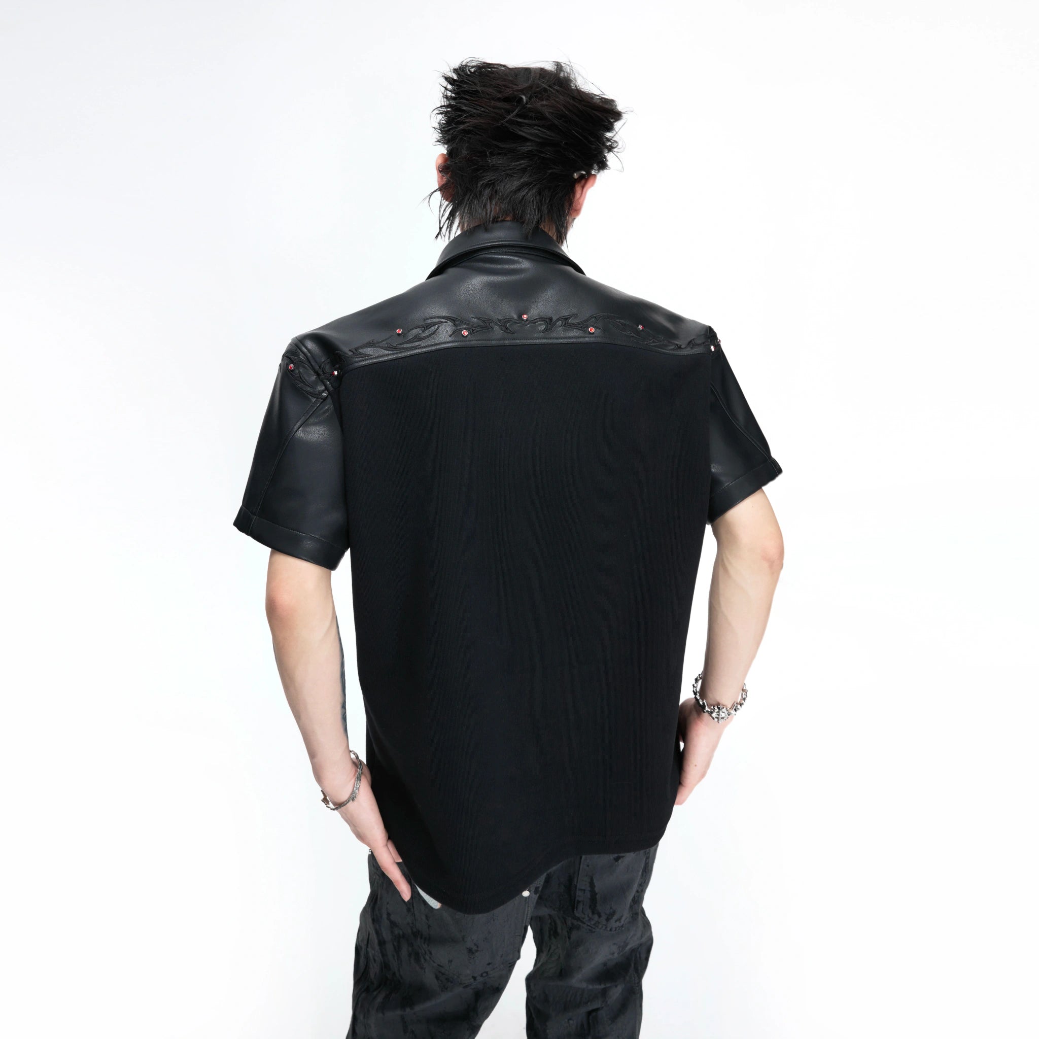 Black Embroidered Faux-Leather Panel Polo Shirt - main image 2