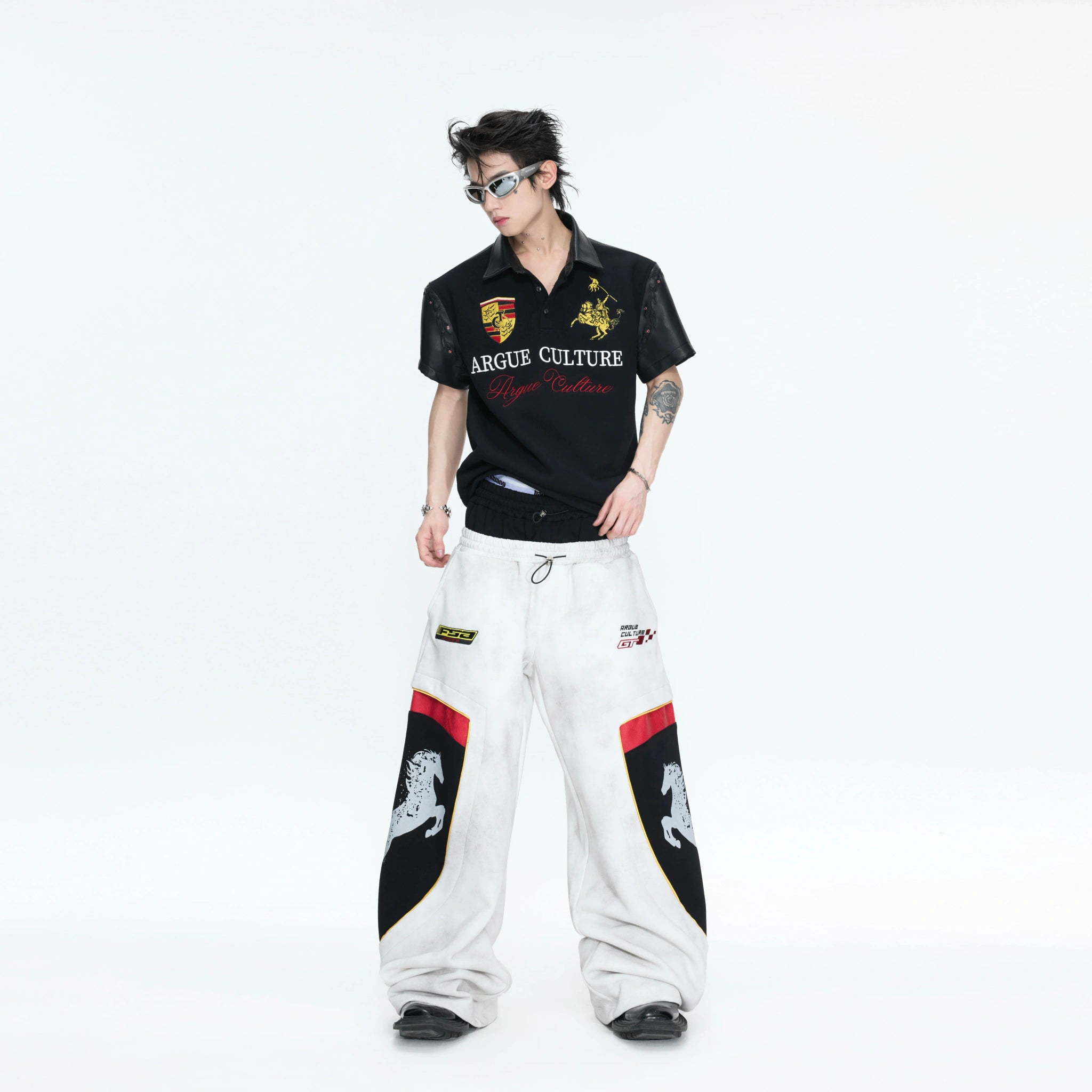 Black Embroidered Faux-Leather Panel Polo Shirt - main image 3