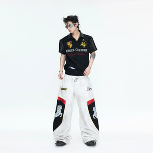 Black Embroidered Faux-Leather Panel Polo Shirt - main image 3