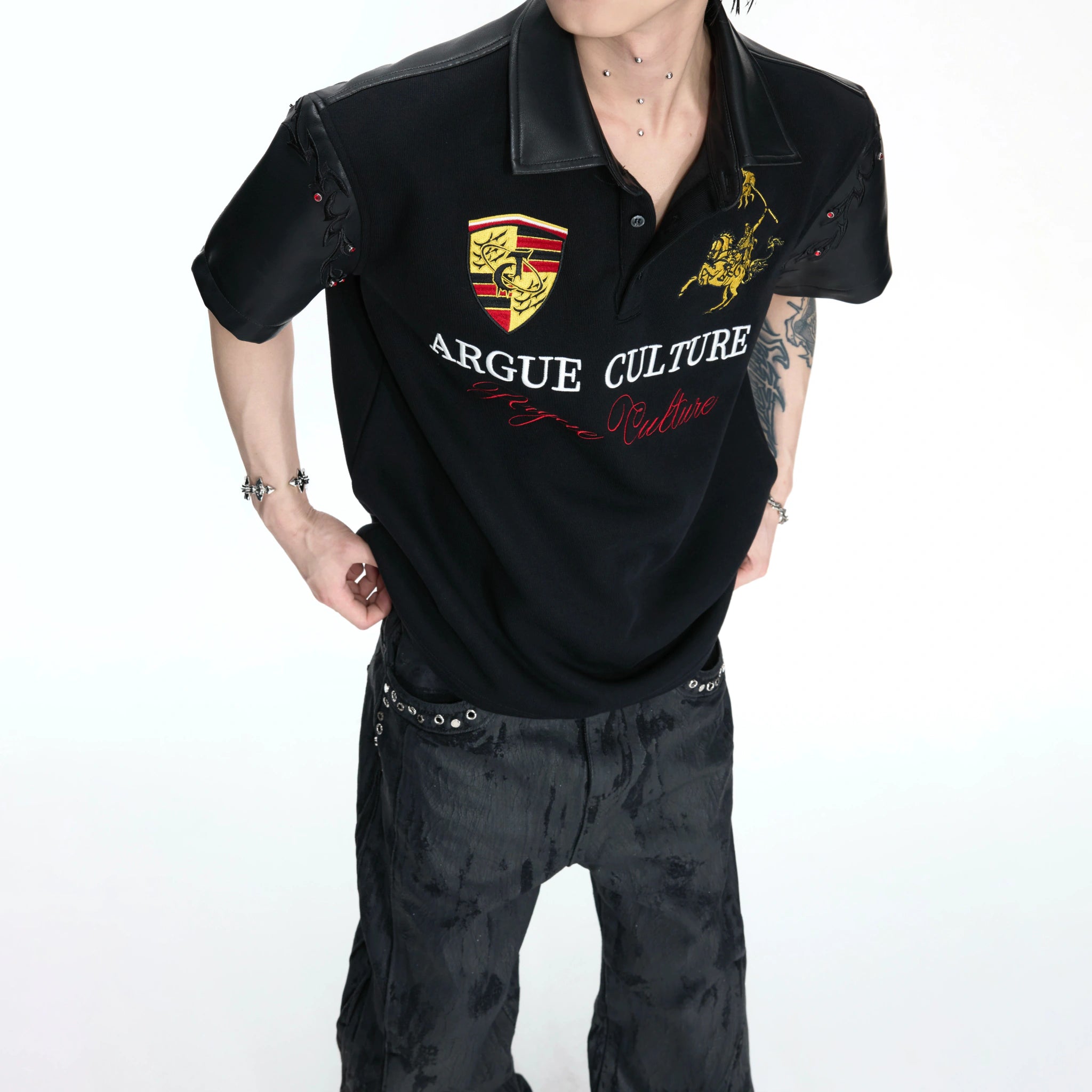 Black Embroidered Faux-Leather Panel Polo Shirt - main image 4
