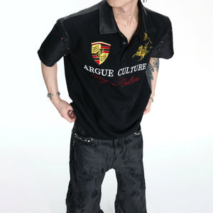 Black Embroidered Faux-Leather Panel Polo Shirt - main image 4