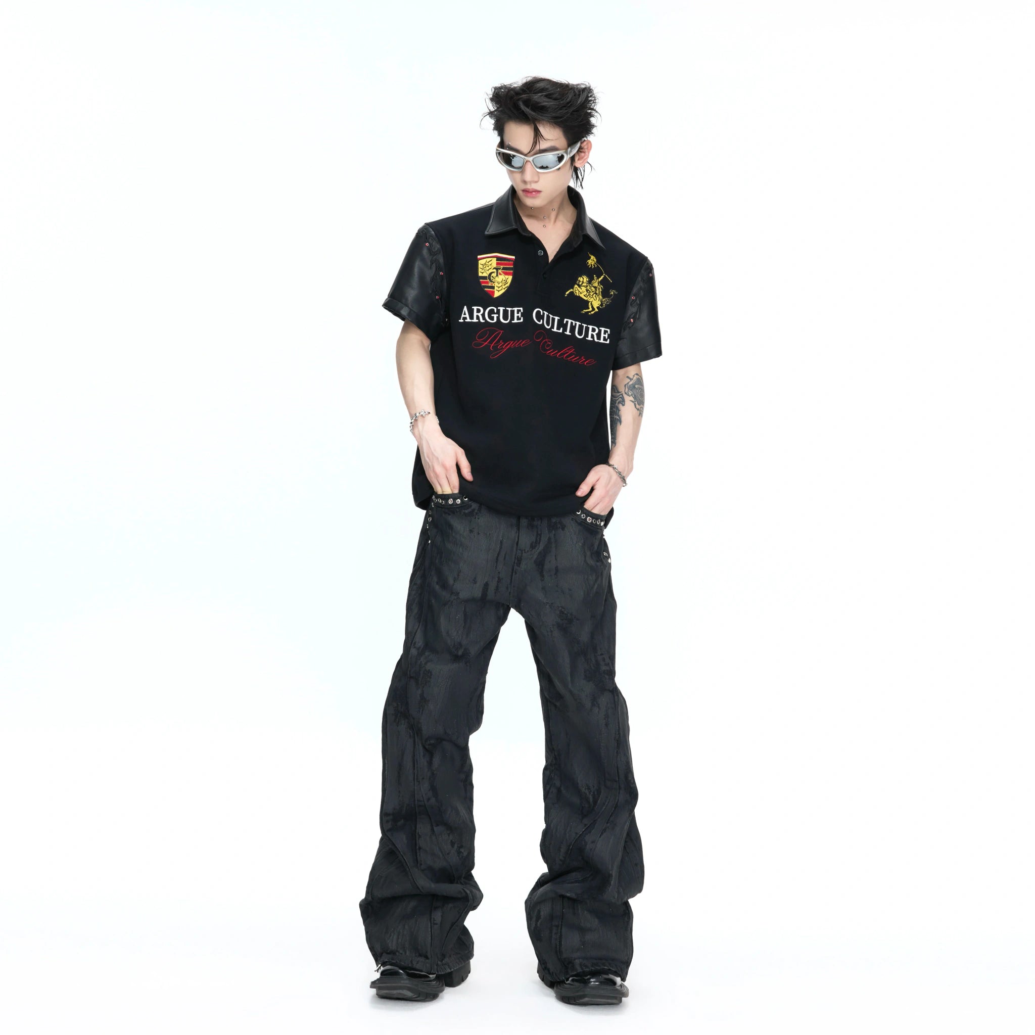 Black Embroidered Faux-Leather Panel Polo Shirt - main image 5