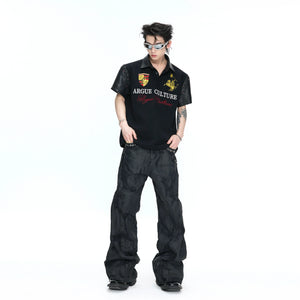 Black Embroidered Faux-Leather Panel Polo Shirt - main image 5