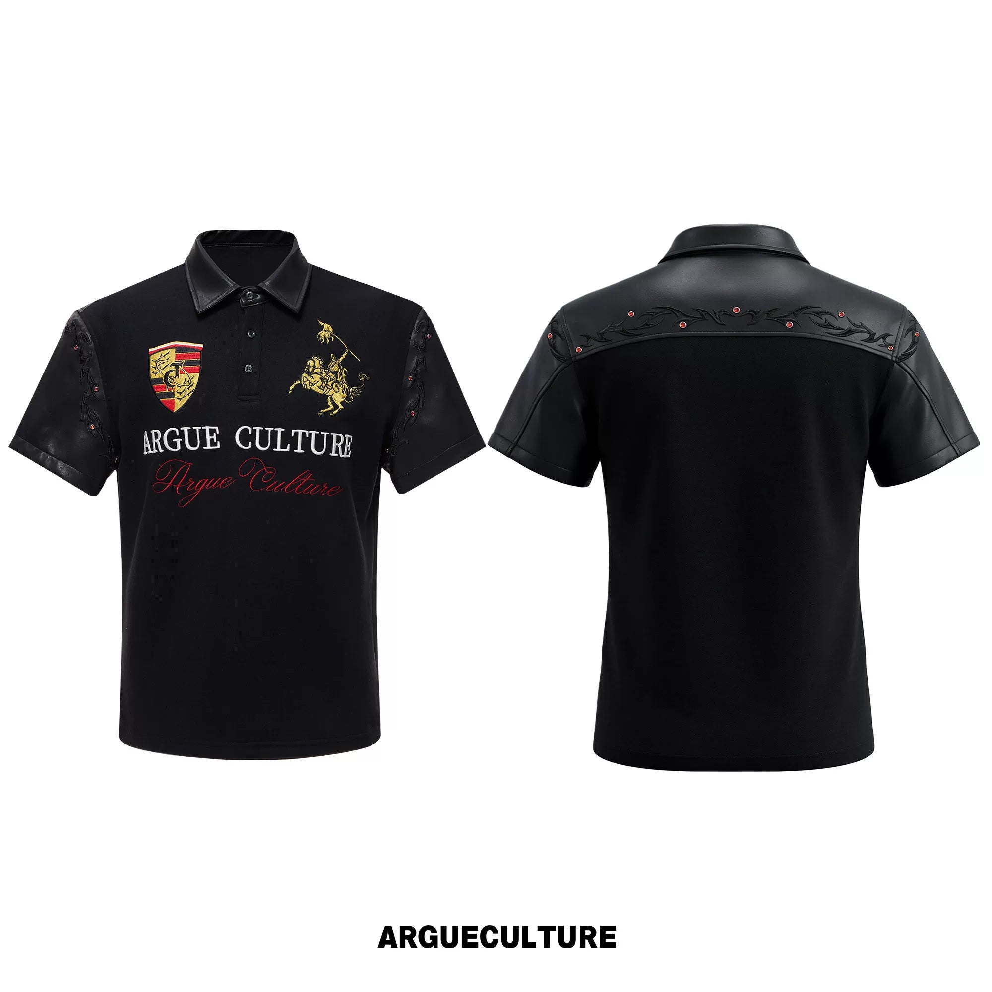 Black Embroidered Faux-Leather Panel Polo Shirt - Black Top