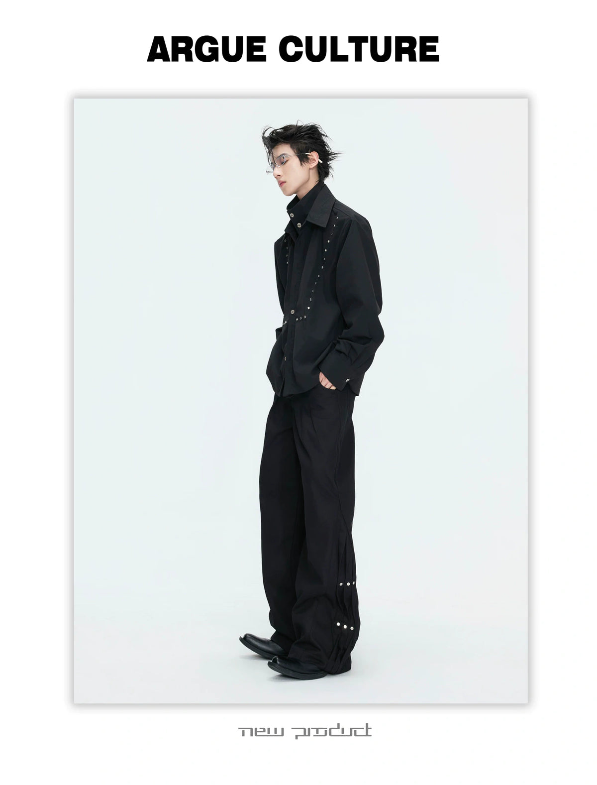 Mock-Layer Cotton Linen Lapel Shirt with Studs - description image 3