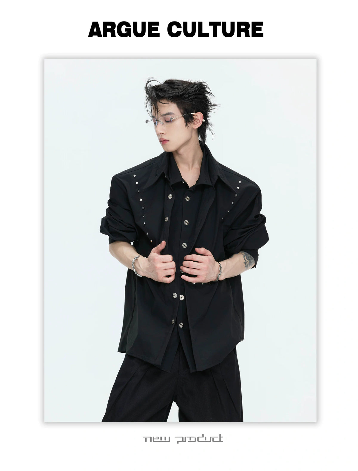 Mock-Layer Cotton Linen Lapel Shirt with Studs - description image 4