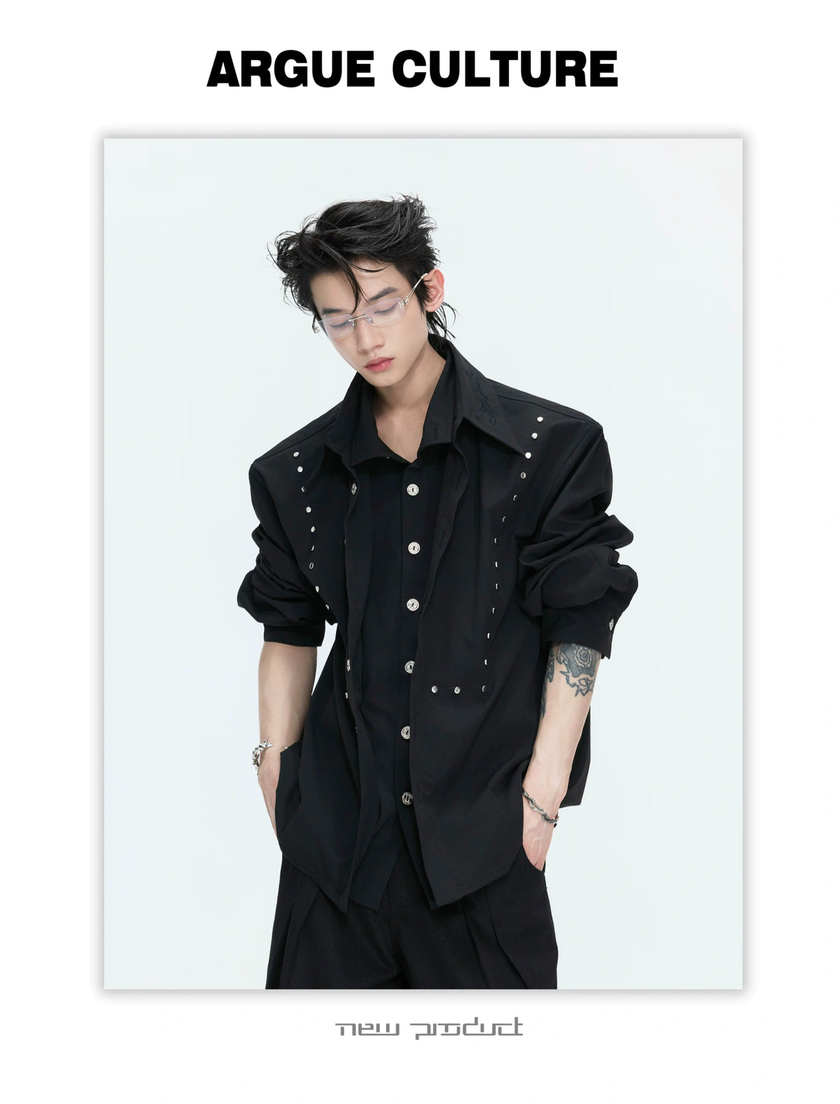 Mock-Layer Cotton Linen Lapel Shirt with Studs - description image 5