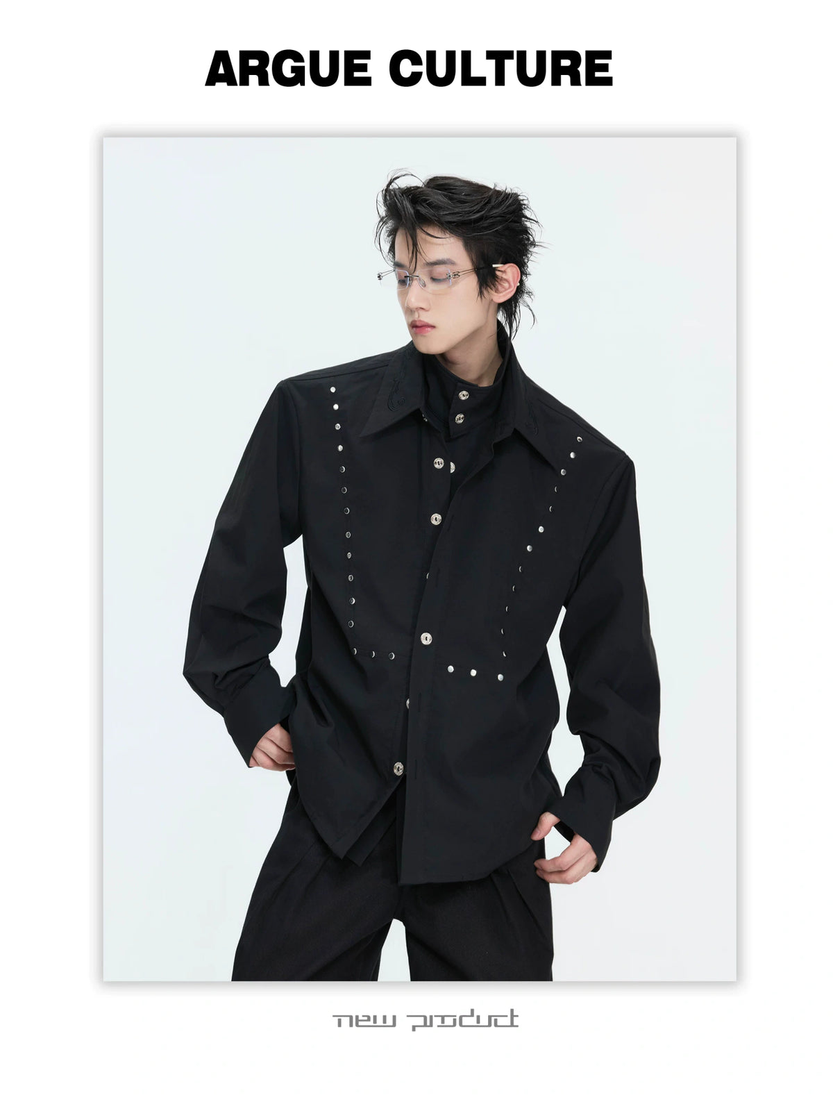 Mock-Layer Cotton Linen Lapel Shirt with Studs - description image 6
