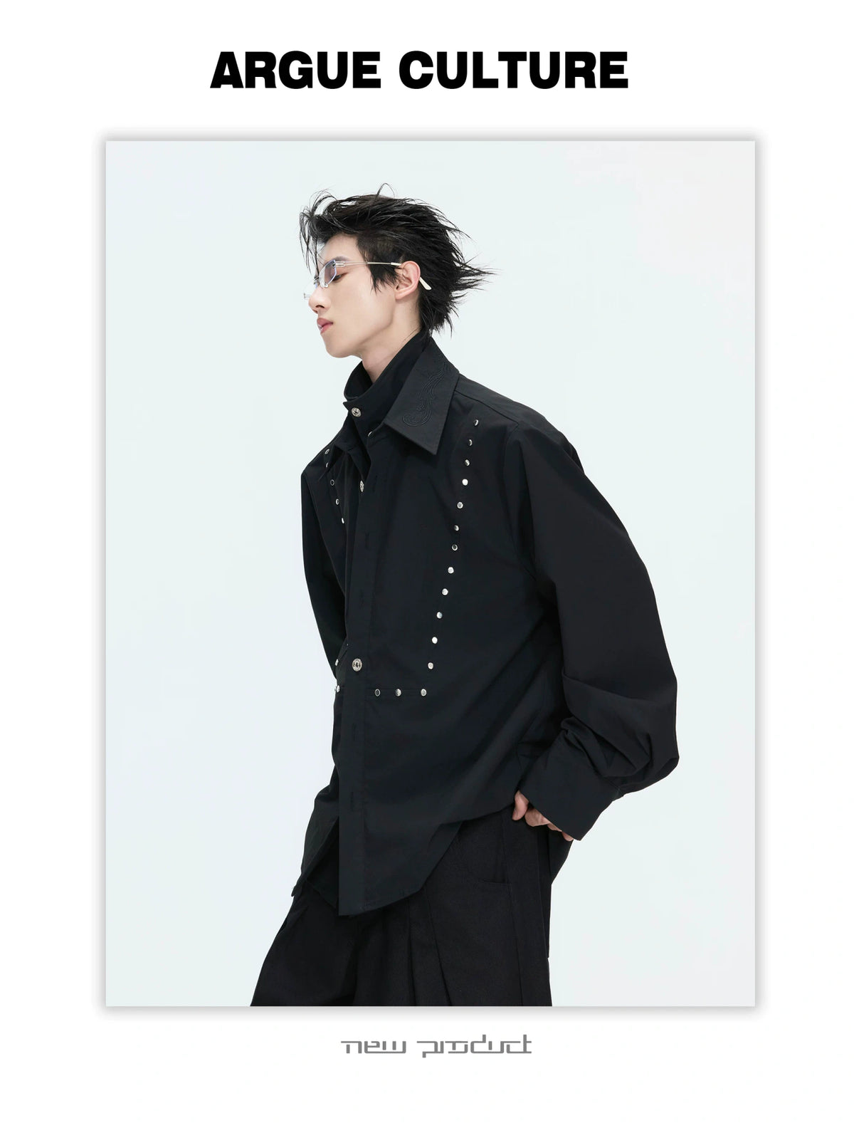 Mock-Layer Cotton Linen Lapel Shirt with Studs - description image 7