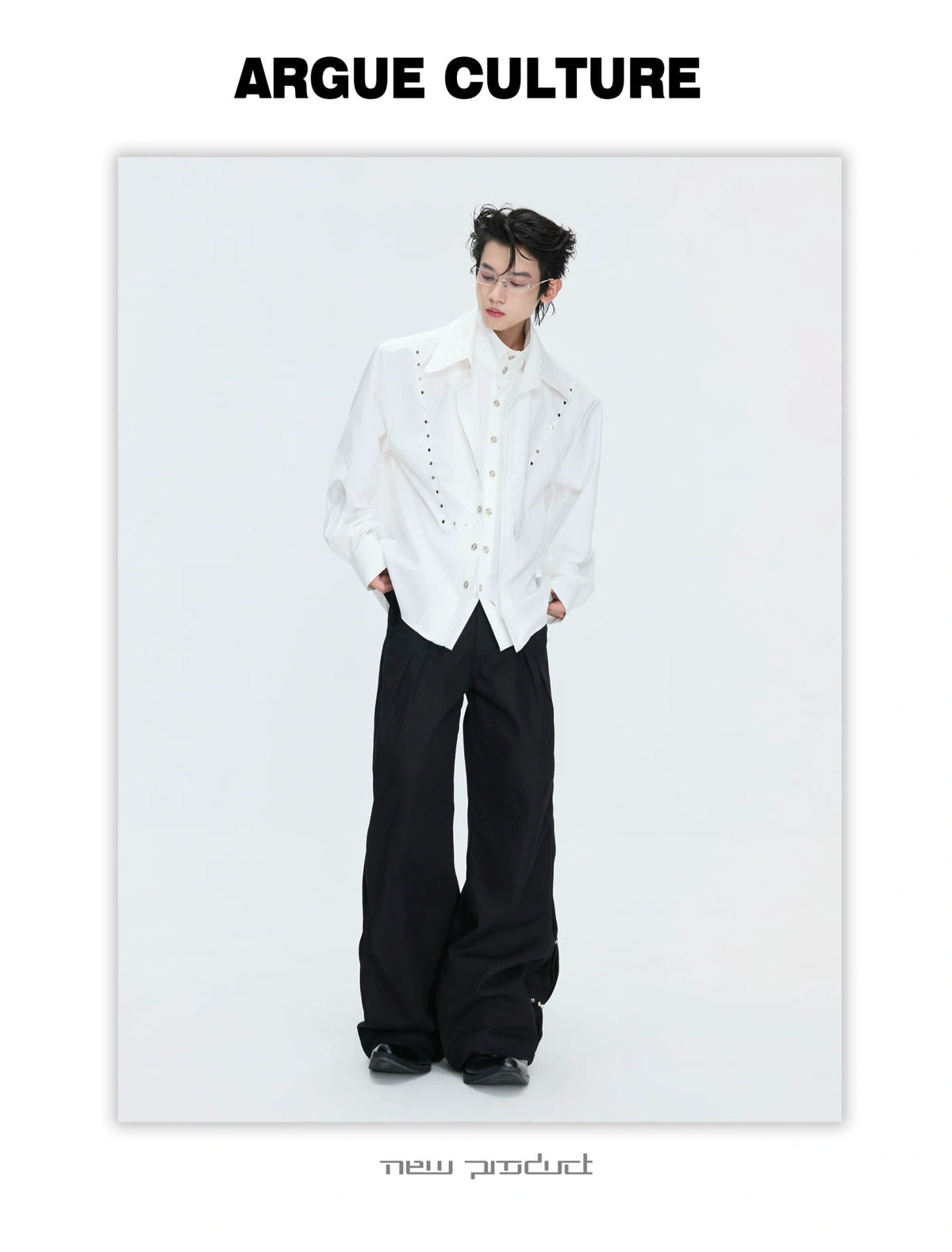 Mock-Layer Cotton Linen Lapel Shirt with Studs - description image 8