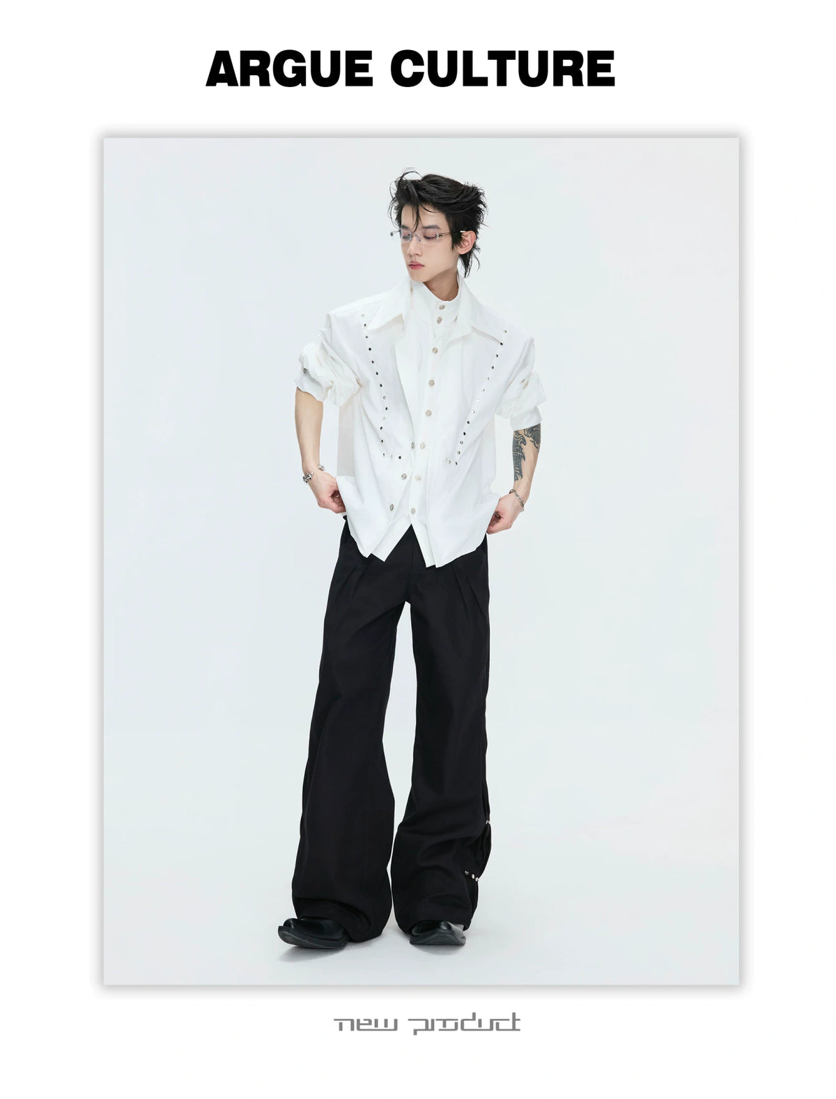 Mock-Layer Cotton Linen Lapel Shirt with Studs - description image 9