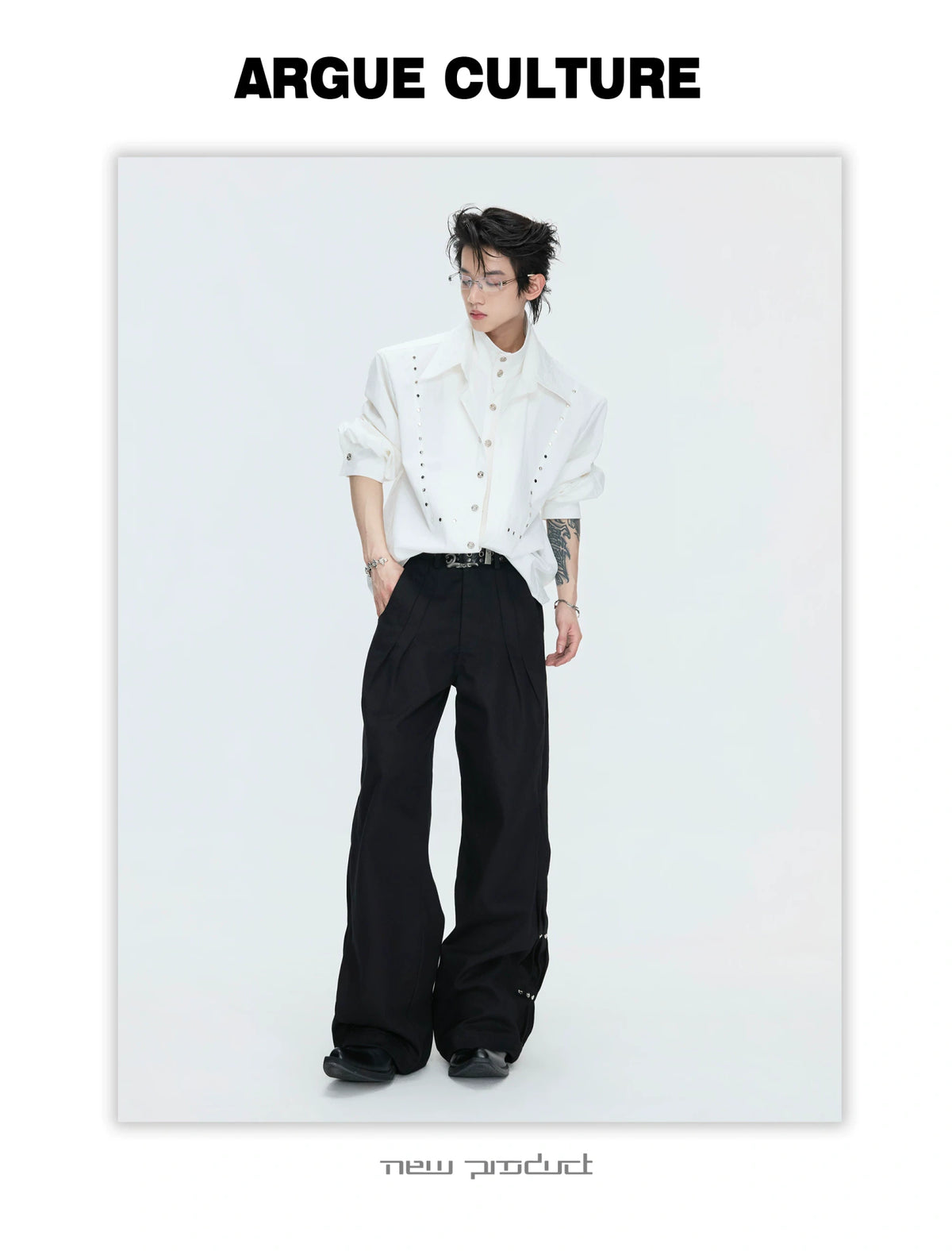 Mock-Layer Cotton Linen Lapel Shirt with Studs - description image 10