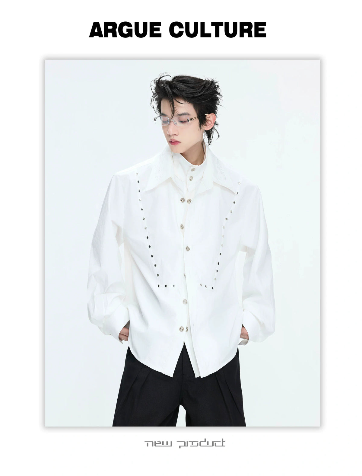 Mock-Layer Cotton Linen Lapel Shirt with Studs - description image 11